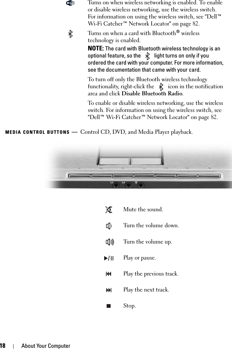 18 About Your ComputerMEDIA CONTROL BUTTONS —Control CD, DVD, and Media Player playback.Turns on when wireless networking is enabled. To enable or disable wireless networking, use the wireless switch. For information on using the wireless switch, see &quot;Dell™ Wi-Fi Catcher™ Network Locator&quot; on page 82.Turns on when a card with Bluetooth® wireless technology is enabled. NOTE: The card with Bluetooth wireless technology is an optional feature, so the   light turns on only if you ordered the card with your computer. For more information, see the documentation that came with your card.To turn off only the Bluetooth wireless technology functionality, right-click the   icon in the notification area and click Disable Bluetooth Radio.To enable or disable wireless networking, use the wireless switch. For information on using the wireless switch, see &quot;Dell™ Wi-Fi Catcher™ Network Locator&quot; on page 82.Mute the sound. Turn the volume down.Turn the volume up.Play or pause. Play the previous track.Play the next track. Stop. 