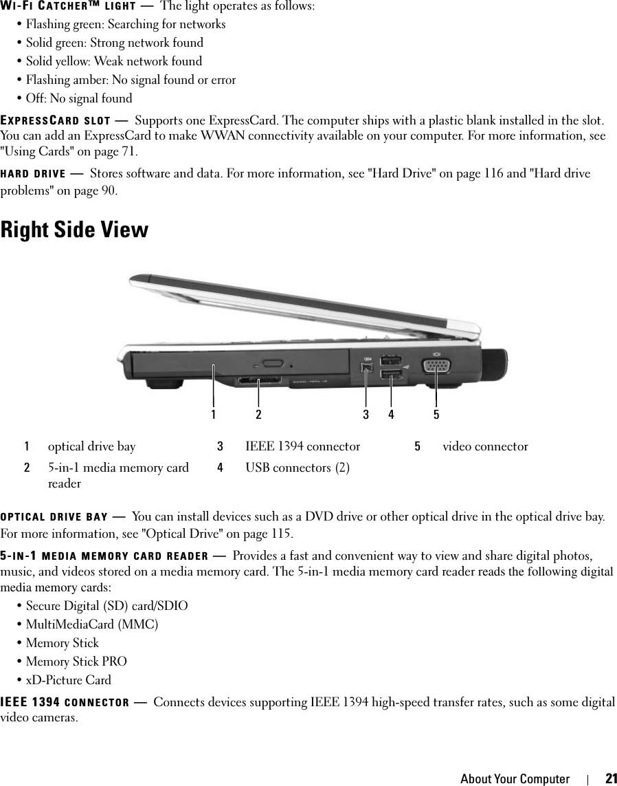 About Your Computer 21WI-FI CATCHER™ LIGHT —The light operates as follows:• Flashing green: Searching for networks • Solid green: Strong network found • Solid yellow: Weak network found • Flashing amber: No signal found or error• Off: No signal foundEXPRESSCARD SLOT —Supports one ExpressCard. The computer ships with a plastic blank installed in the slot. You can add an ExpressCard to make WWAN connectivity available on your computer. For more information, see &quot;Using Cards&quot; on page 71.HARD DRIVE —Stores software and data. For more information, see &quot;Hard Drive&quot; on page 116 and &quot;Hard drive problems&quot; on page 90.Right Side ViewOPTICAL DRIVE BAY —You can install devices such as a DVD drive or other optical drive in the optical drive bay. For more information, see &quot;Optical Drive&quot; on page 115.5-IN-1 MEDIA MEMORY CARD READER —Provides a fast and convenient way to view and share digital photos, music, and videos stored on a media memory card. The 5-in-1 media memory card reader reads the following digital media memory cards:• Secure Digital (SD) card/SDIO• MultiMediaCard (MMC)•Memory Stick • Memory Stick PRO • xD-Picture Card IEEE 1394 CONNECTOR —Connects devices supporting IEEE 1394 high-speed transfer rates, such as some digital video cameras.1optical drive bay 3IEEE 1394 connector 5video connector25-in-1 media memory card reader4USB connectors (2)1 2 3 4 5