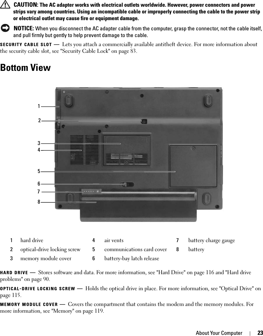 About Your Computer 23 CAUTION: The AC adapter works with electrical outlets worldwide. However, power connectors and power strips vary among countries. Using an incompatible cable or improperly connecting the cable to the power strip or electrical outlet may cause fire or equipment damage. NOTICE: When you disconnect the AC adapter cable from the computer, grasp the connector, not the cable itself, and pull firmly but gently to help prevent damage to the cable.SECURITY CABLE SLOT —Lets you attach a commercially available antitheft device. For more information about the security cable slot, see &quot;Security Cable Lock&quot; on page 83.Bottom ViewHARD DRIVE —Stores software and data. For more information, see &quot;Hard Drive&quot; on page 116 and &quot;Hard drive problems&quot; on page 90.OPTICAL-DRIVE LOCKING SCREW —Holds the optical drive in place. For more information, see &quot;Optical Drive&quot; on page 115.MEMORY MODULE COVER —Covers the compartment that contains the modem and the memory modules. For more information, see &quot;Memory&quot; on page 119.1hard drive 4air vents 7battery charge gauge2optical-drive locking screw 5communications card cover 8battery3memory module cover 6battery-bay latch release13468572