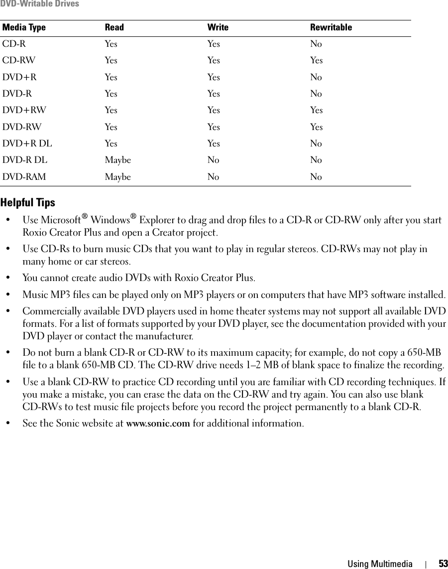 Using Multimedia 53DVD-Writable DrivesHelpful Tips• Use Microsoft® Windows® Explorer to drag and drop files to a CD-R or CD-RW only after you start Roxio Creator Plus and open a Creator project.• Use CD-Rs to burn music CDs that you want to play in regular stereos. CD-RWs may not play in many home or car stereos.• You cannot create audio DVDs with Roxio Creator Plus.• Music MP3 files can be played only on MP3 players or on computers that have MP3 software installed. • Commercially available DVD players used in home theater systems may not support all available DVD formats. For a list of formats supported by your DVD player, see the documentation provided with your DVD player or contact the manufacturer.• Do not burn a blank CD-R or CD-RW to its maximum capacity; for example, do not copy a 650-MB file to a blank 650-MB CD. The CD-RW drive needs 1–2 MB of blank space to finalize the recording.• Use a blank CD-RW to practice CD recording until you are familiar with CD recording techniques. If you make a mistake, you can erase the data on the CD-RW and try again. You can also use blank CD-RWs to test music file projects before you record the project permanently to a blank CD-R.• See the Sonic website at www.sonic.com for additional information.Media Type Read Write RewritableCD-R Yes Yes NoCD-RW Yes Yes YesDVD+R Yes Yes NoDVD-R Yes Yes NoDVD+RW Yes Yes YesDVD-RW Yes Yes YesDVD+R DL Yes Yes NoDVD-R DL Maybe No NoDVD-RAM Maybe No No