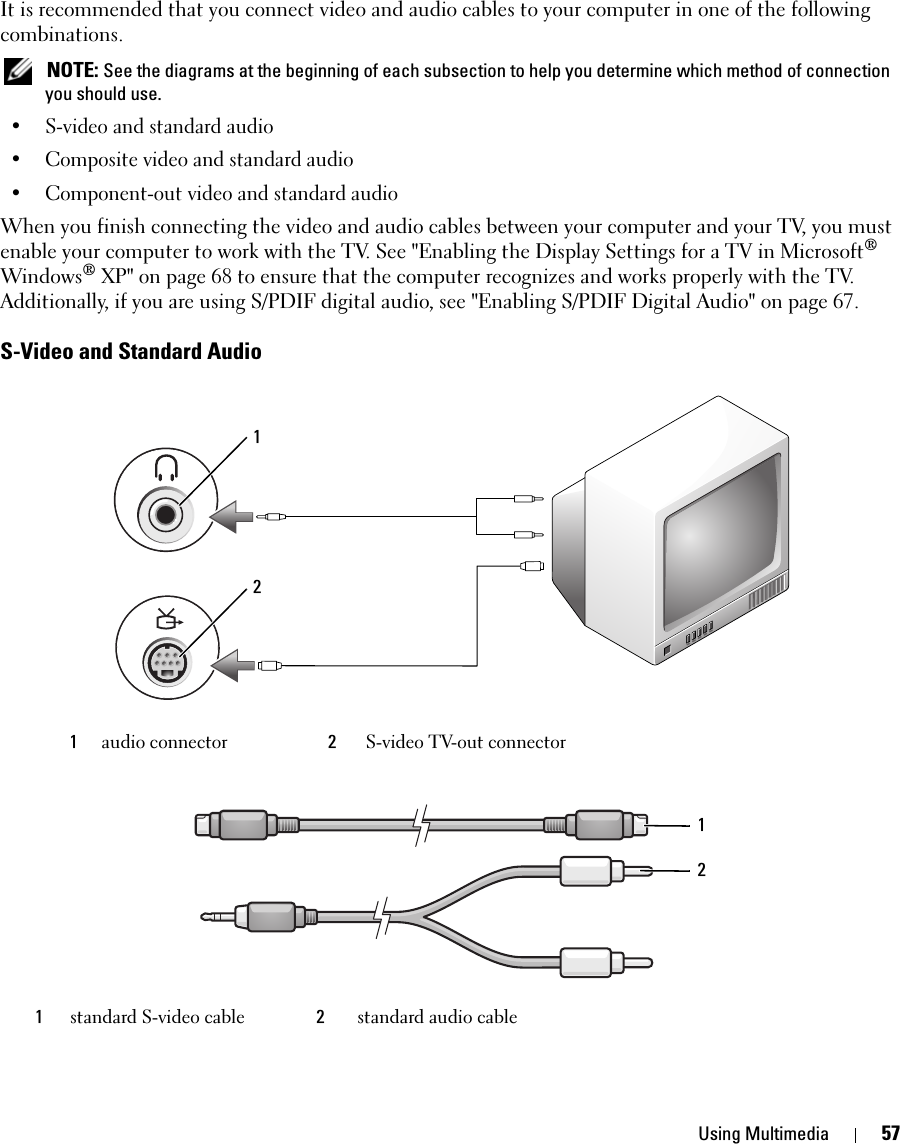 Using Multimedia 57It is recommended that you connect video and audio cables to your computer in one of the following combinations. NOTE: See the diagrams at the beginning of each subsection to help you determine which method of connection you should use.• S-video and standard audio• Composite video and standard audio• Component-out video and standard audioWhen you finish connecting the video and audio cables between your computer and your TV, you must enable your computer to work with the TV. See &quot;Enabling the Display Settings for a TV in Microsoft® Windows® XP&quot; on page 68 to ensure that the computer recognizes and works properly with the TV. Additionally, if you are using S/PDIF digital audio, see &quot;Enabling S/PDIF Digital Audio&quot; on page 67.S-Video and Standard Audio 1audio connector 2S-video TV-out connector1standard S-video cable 2standard audio cable1212