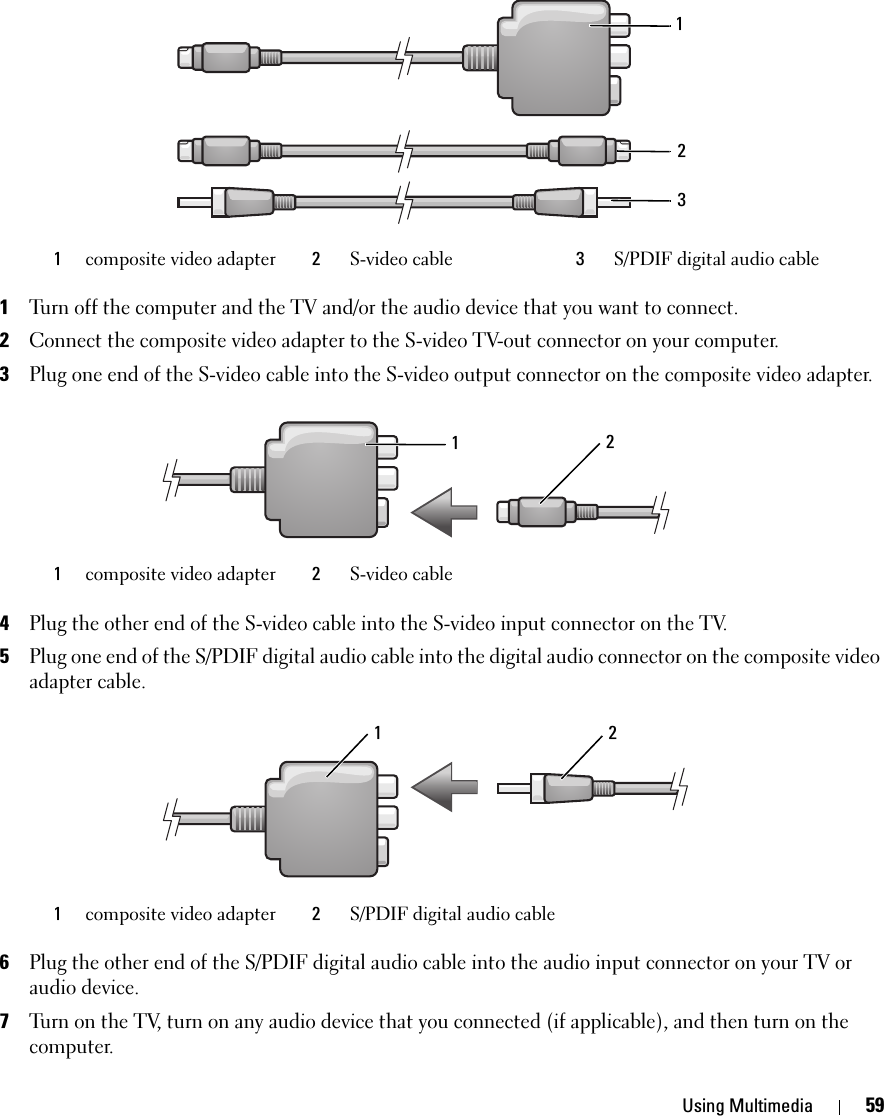 Using Multimedia 591Turn off the computer and the TV and/or the audio device that you want to connect.2Connect the composite video adapter to the S-video TV-out connector on your computer.3Plug one end of the S-video cable into the S-video output connector on the composite video adapter.4Plug the other end of the S-video cable into the S-video input connector on the TV.5Plug one end of the S/PDIF digital audio cable into the digital audio connector on the composite video adapter cable.6Plug the other end of the S/PDIF digital audio cable into the audio input connector on your TV or audio device.7Turn on the TV, turn on any audio device that you connected (if applicable), and then turn on the computer.1composite video adapter 2S-video cable 3S/PDIF digital audio cable1composite video adapter 2S-video cable1composite video adapter 2S/PDIF digital audio cable123121 2