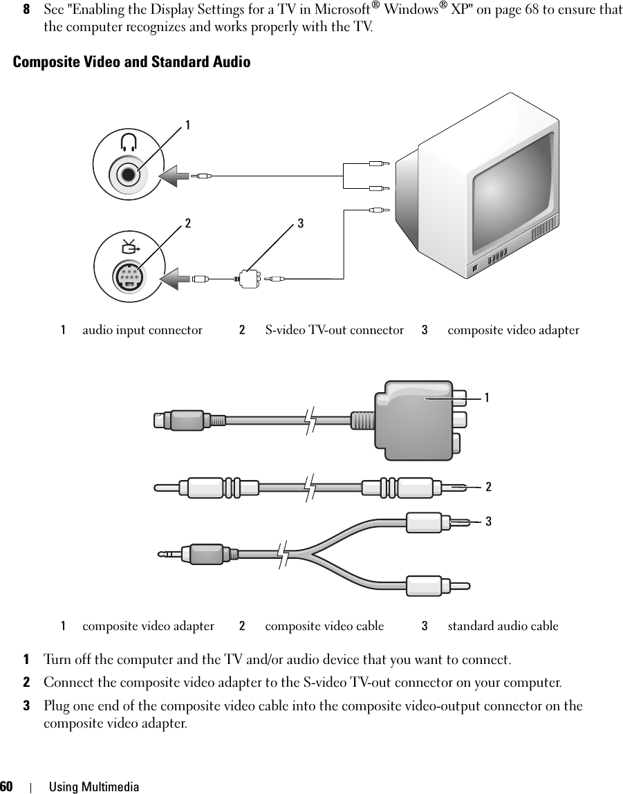 60 Using Multimedia8See &quot;Enabling the Display Settings for a TV in Microsoft® Windows® XP&quot; on page 68 to ensure that the computer recognizes and works properly with the TV.Composite Video and Standard Audio1Turn off the computer and the TV and/or audio device that you want to connect.2Connect the composite video adapter to the S-video TV-out connector on your computer.3Plug one end of the composite video cable into the composite video-output connector on the composite video adapter.1audio input connector 2S-video TV-out connector 3composite video adapter1composite video adapter  2composite video cable 3standard audio cable213123