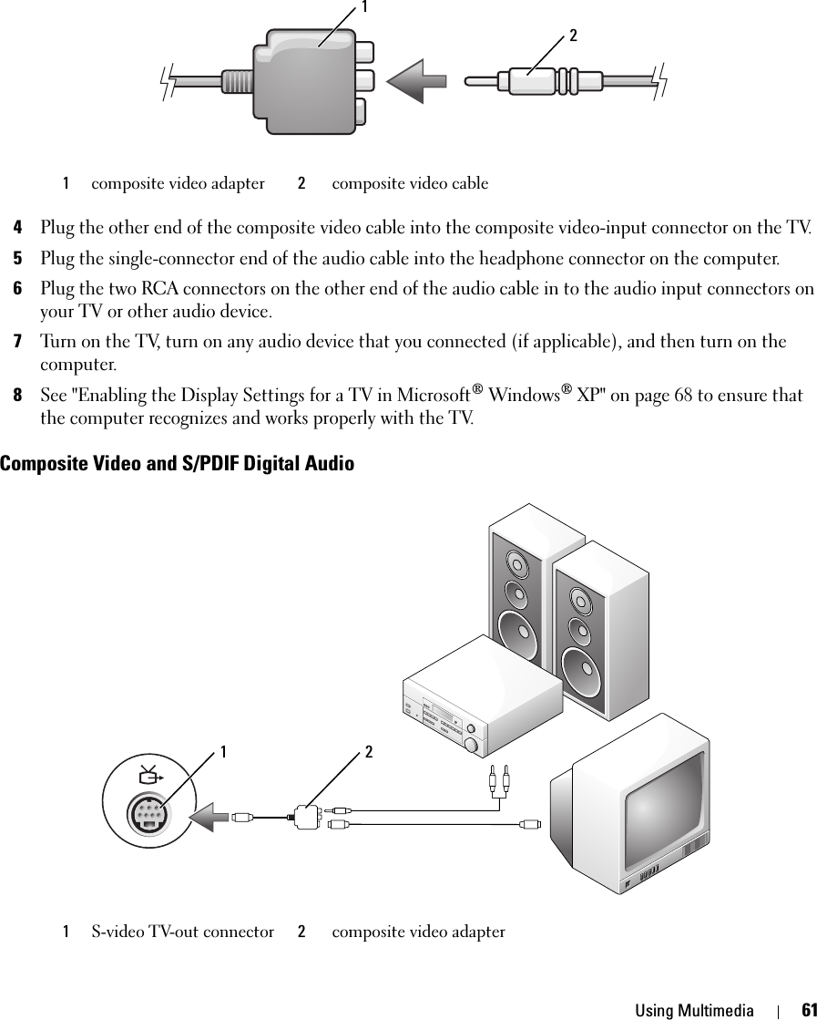 Using Multimedia 614Plug the other end of the composite video cable into the composite video-input connector on the TV.5Plug the single-connector end of the audio cable into the headphone connector on the computer. 6Plug the two RCA connectors on the other end of the audio cable in to the audio input connectors on your TV or other audio device.7Turn on the TV, turn on any audio device that you connected (if applicable), and then turn on the computer.8See &quot;Enabling the Display Settings for a TV in Microsoft® Windows® XP&quot; on page 68 to ensure that the computer recognizes and works properly with the TV.Composite Video and S/PDIF Digital Audio1composite video adapter  2composite video cable1S-video TV-out connector 2composite video adapter211 2