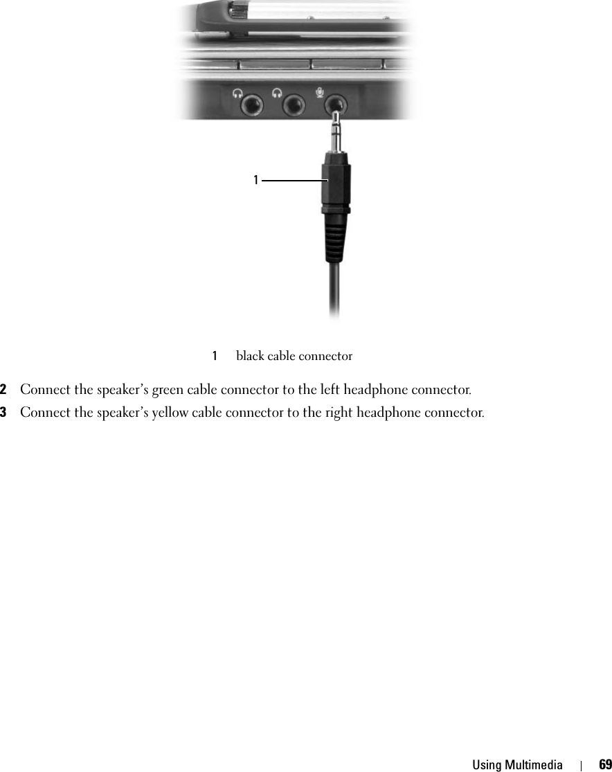 Using Multimedia 692Connect the speaker’s green cable connector to the left headphone connector.3Connect the speaker’s yellow cable connector to the right headphone connector.1black cable connector1