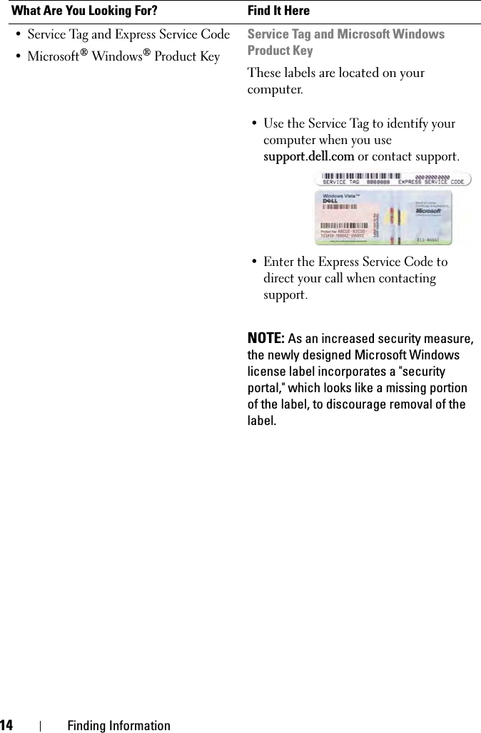 14 Finding Information• Service Tag and Express Service Code•Microsoft® Windows® Product KeyService Tag and Microsoft Windows Product KeyThese labels are located on your computer.• Use the Service Tag to identify your computer when you use support.dell.com or contact support.• Enter the Express Service Code to direct your call when contacting support.NOTE: As an increased security measure, the newly designed Microsoft Windows license label incorporates a &quot;security portal,&quot; which looks like a missing portion of the label, to discourage removal of the label.What Are You Looking For? Find It Here