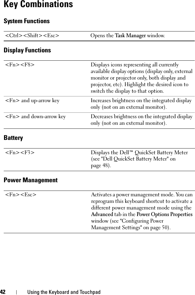 42 Using the Keyboard and TouchpadKey CombinationsSystem FunctionsDisplay FunctionsBatteryPower Management&lt;Ctrl&gt;&lt;Shift&gt;&lt;Esc&gt; Opens the Task Manager window.&lt;Fn&gt;&lt;F8&gt; Displays icons representing all currently available display options (display only, external monitor or projector only, both display and projector, etc). Highlight the desired icon to switch the display to that option.&lt;Fn&gt; and up-arrow key Increases brightness on the integrated display only (not on an external monitor).&lt;Fn&gt; and down-arrow key Decreases brightness on the integrated display only (not on an external monitor).&lt;Fn&gt;&lt;F3&gt; Displays the Dell™ QuickSet Battery Meter (see &quot;Dell QuickSet Battery Meter&quot; on page 48).&lt;Fn&gt;&lt;Esc&gt; Activates a power management mode. You can reprogram this keyboard shortcut to activate a different power management mode using the Advanced tab in the Power Options Propertieswindow (see &quot;Configuring Power Management Settings&quot; on page 50).