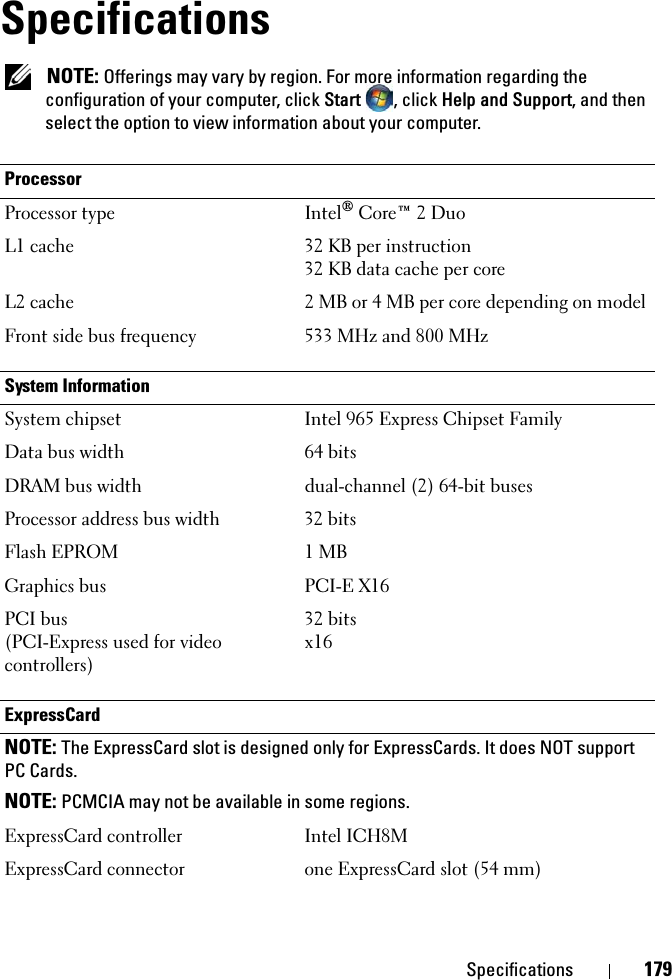 Specifications 179SpecificationsNOTE: Offerings may vary by region. For more information regarding the configuration of your computer, click Start , click Help and Support, and then select the option to view information about your computer.ProcessorProcessor type Intel® Core™ 2 DuoL1 cache 32 KB per instruction32 KB data cache per coreL2 cache 2 MB or 4 MB per core depending on modelFront side bus frequency 533 MHz and 800 MHzSystem InformationSystem chipset Intel 965 Express Chipset FamilyData bus width 64 bitsDRAM bus width dual-channel (2) 64-bit busesProcessor address bus width 32 bitsFlash EPROM 1 MBGraphics bus PCI-E X16PCI bus(PCI-Express used for video controllers)32 bitsx16ExpressCardNOTE: The ExpressCard slot is designed only for ExpressCards. It does NOT support PC Cards.NOTE: PCMCIA may not be available in some regions.ExpressCard controller Intel ICH8MExpressCard connector one ExpressCard slot (54 mm)