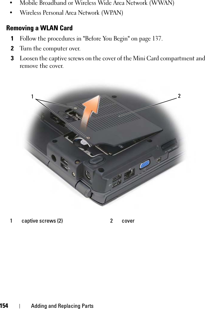 154 Adding and Replacing Parts• Mobile Broadband or Wireless Wide Area Network (WWAN) • Wireless Personal Area Network (WPAN) Removing a WLAN Card1Follow the procedures in &quot;Before You Begin&quot; on page 137. 2Turn the computer over.3Loosen the captive screws on the cover of the Mini Card compartment and remove the cover.1 captive screws (2) 2 cover12