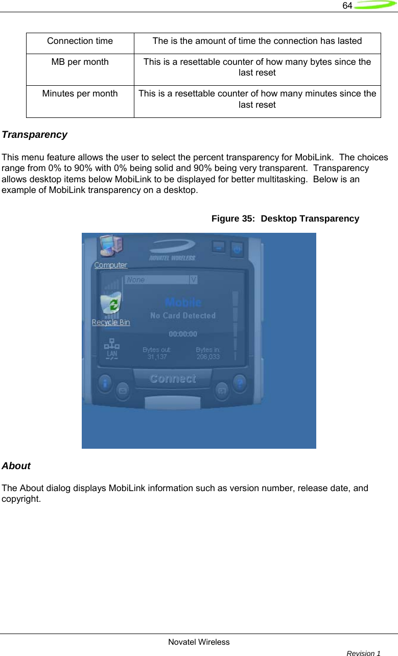   64  Novatel Wireless         Revision 1   Connection time  The is the amount of time the connection has lasted MB per month  This is a resettable counter of how many bytes since the last reset Minutes per month  This is a resettable counter of how many minutes since the last reset Transparency  This menu feature allows the user to select the percent transparency for MobiLink.  The choices range from 0% to 90% with 0% being solid and 90% being very transparent.  Transparency allows desktop items below MobiLink to be displayed for better multitasking.  Below is an example of MobiLink transparency on a desktop.  Figure 35:  Desktop Transparency  About  The About dialog displays MobiLink information such as version number, release date, and copyright.    
