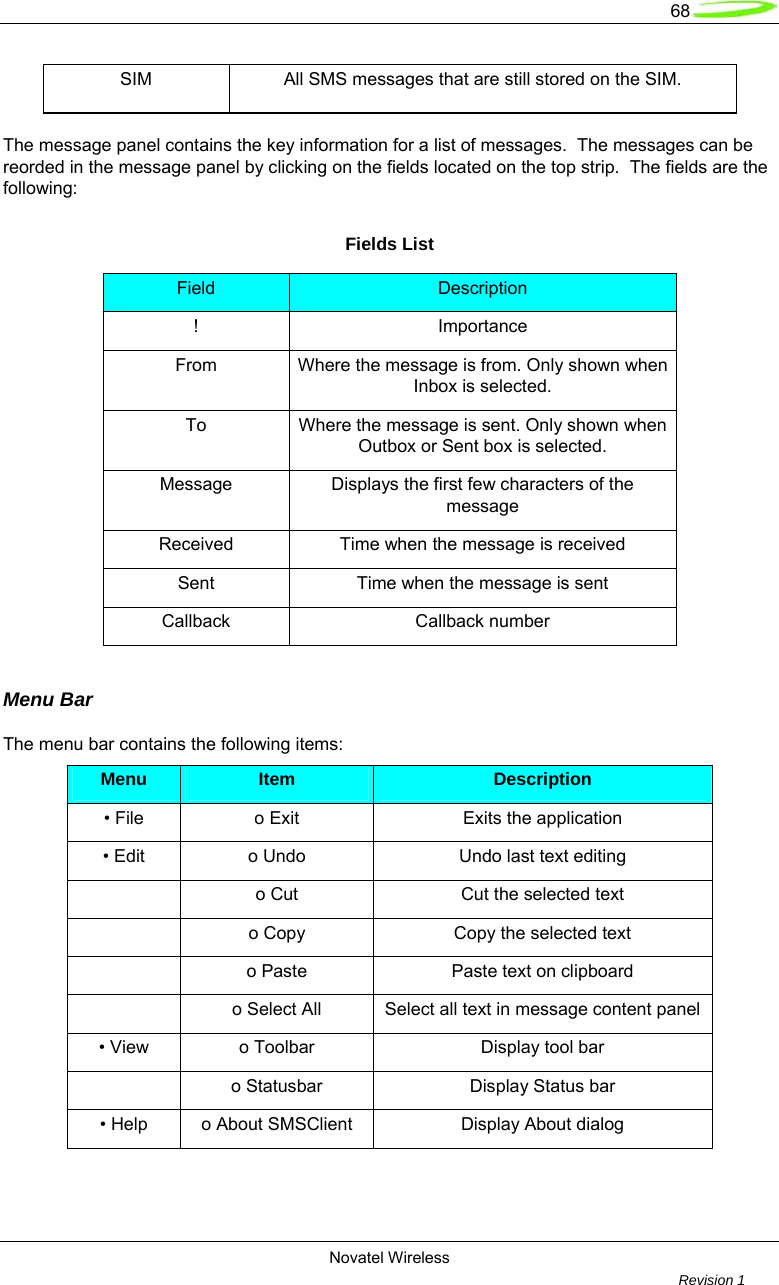   68  Novatel Wireless         Revision 1   SIM  All SMS messages that are still stored on the SIM.  The message panel contains the key information for a list of messages.  The messages can be reorded in the message panel by clicking on the fields located on the top strip.  The fields are the following:  Fields List Field  Description ! Importance From  Where the message is from. Only shown when Inbox is selected. To  Where the message is sent. Only shown when Outbox or Sent box is selected. Message  Displays the first few characters of the message Received  Time when the message is received Sent  Time when the message is sent Callback Callback number  Menu Bar  The menu bar contains the following items:  Menu  Item  Description • File  o Exit  Exits the application • Edit  o Undo  Undo last text editing   o Cut  Cut the selected text   o Copy  Copy the selected text   o Paste  Paste text on clipboard   o Select All  Select all text in message content panel • View  o Toolbar  Display tool bar   o Statusbar  Display Status bar • Help  o About SMSClient  Display About dialog  