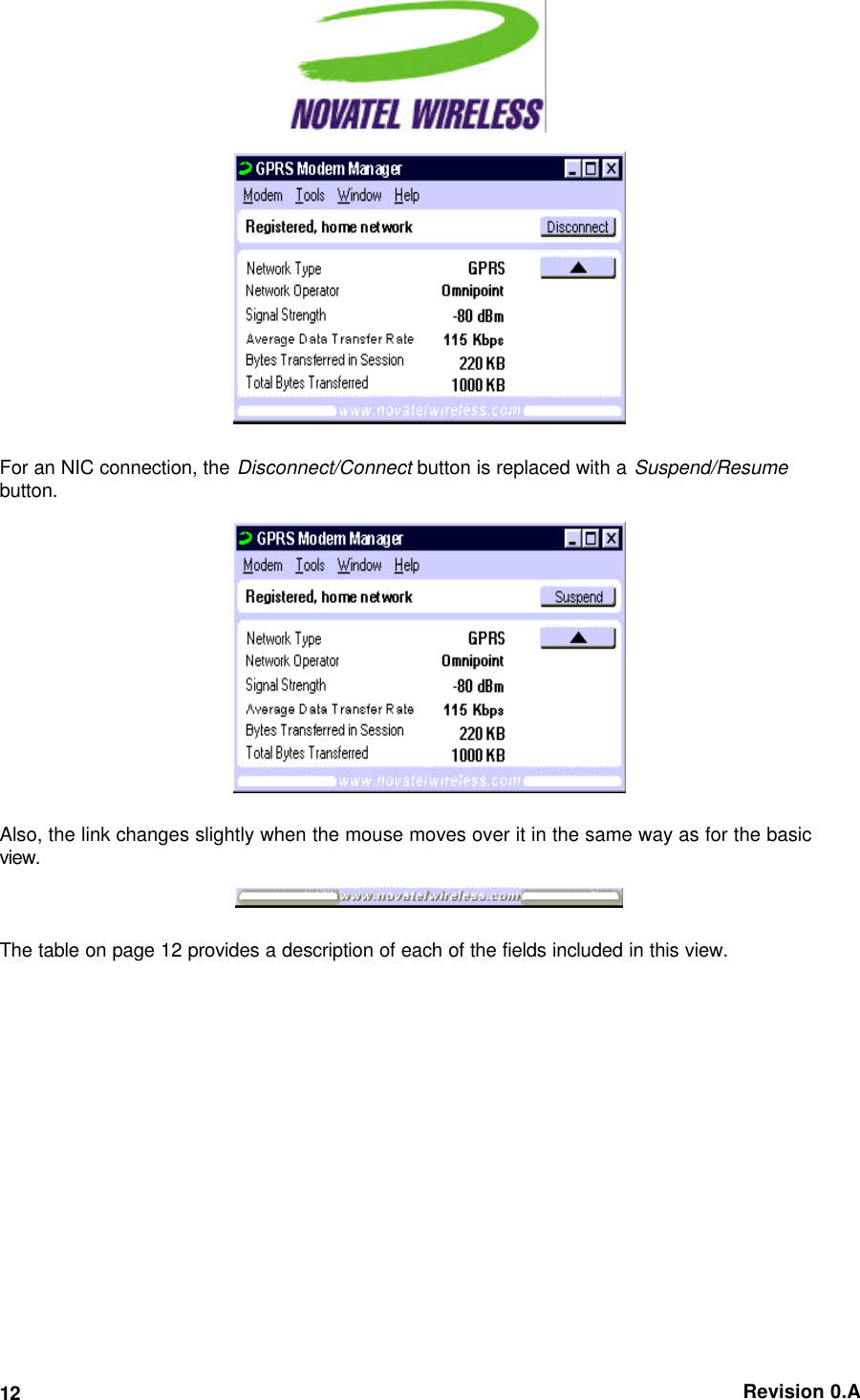   Revision 0.A 12   For an NIC connection, the Disconnect/Connect button is replaced with a Suspend/Resume button.   Also, the link changes slightly when the mouse moves over it in the same way as for the basic view.   The table on page 12 provides a description of each of the fields included in this view. 