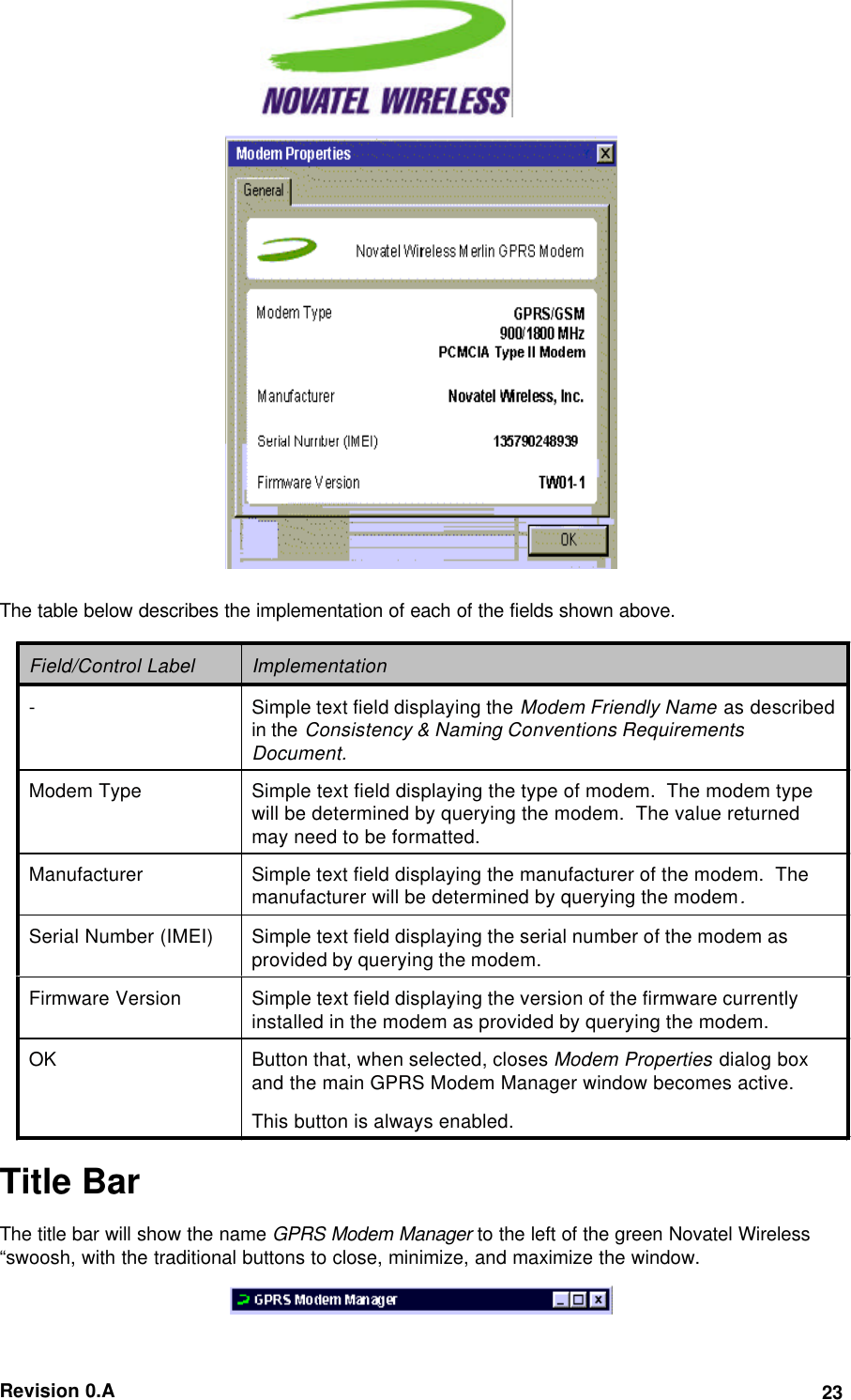  Revision 0.A 23   The table below describes the implementation of each of the fields shown above. Field/Control Label Implementation-Simple text field displaying the Modem Friendly Name as describedin the Consistency &amp; Naming Conventions RequirementsDocument.Modem Type Simple text field displaying the type of modem.  The modem typewill be determined by querying the modem.  The value returnedmay need to be formatted.Manufacturer Simple text field displaying the manufacturer of the modem.  Themanufacturer will be determined by querying the modem.Serial Number (IMEI) Simple text field displaying the serial number of the modem asprovided by querying the modem.Firmware Version Simple text field displaying the version of the firmware currentlyinstalled in the modem as provided by querying the modem.OK Button that, when selected, closes Modem Properties dialog boxand the main GPRS Modem Manager window becomes active.This button is always enabled. Title Bar The title bar will show the name GPRS Modem Manager to the left of the green Novatel Wireless “swoosh, with the traditional buttons to close, minimize, and maximize the window.   