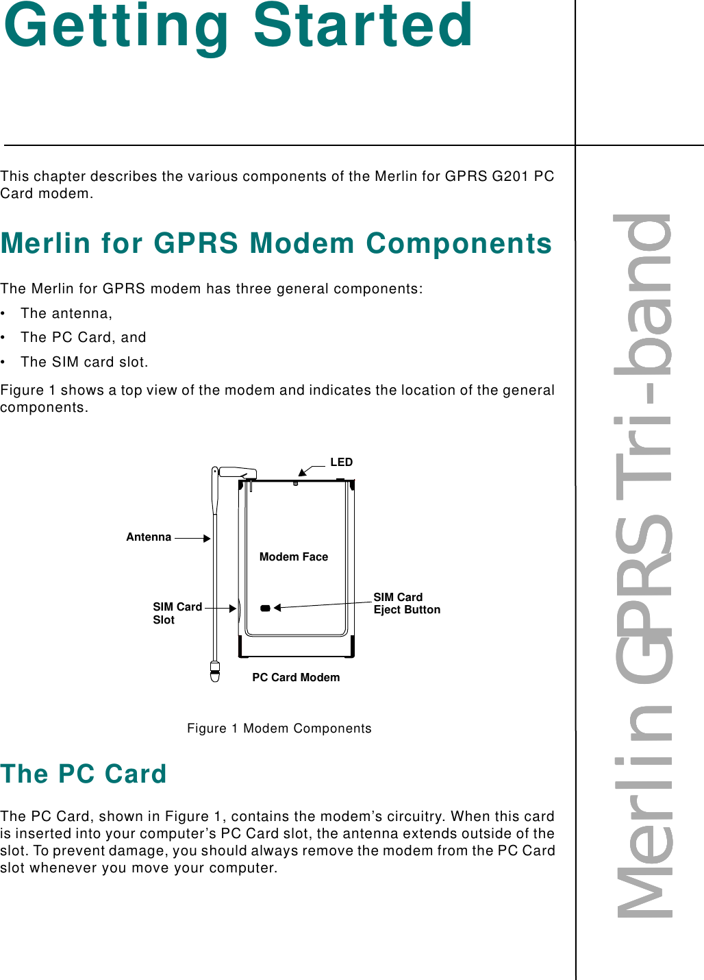 MMMMeeeerrrrlllliiiinnnn    GGGGPPPPRRRRSSSS    TTTTrrrriiii----bbbbaaaannnnddddGetting StartedThis chapter describes the various components of the Merlin for GPRS G201 PC Card modem. Merlin for GPRS Modem ComponentsThe Merlin for GPRS modem has three general components:• The antenna,• The PC Card, and• The SIM card slot.Figure 1 shows a top view of the modem and indicates the location of the general components.Figure 1 Modem ComponentsThe PC CardThe PC Card, shown in Figure 1, contains the modem’s circuitry. When this card is inserted into your computer’s PC Card slot, the antenna extends outside of the slot. To prevent damage, you should always remove the modem from the PC Card slot whenever you move your computer.AntennaModem FaceSIM CardSlotPC Card ModemSIM CardEject ButtonLED