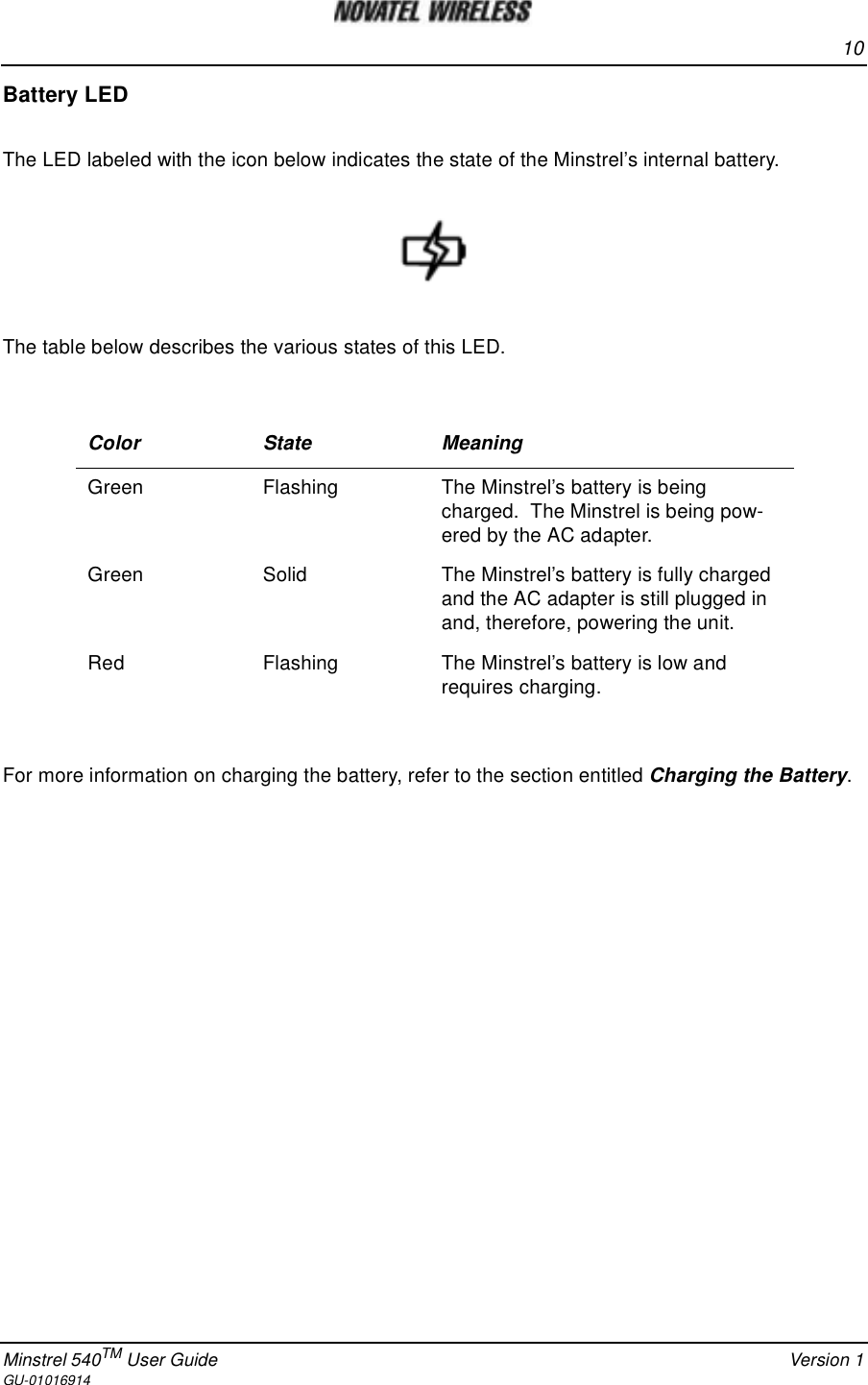 10Minstrel 540TM User Guide Version 1GU-01016914Battery LEDThe LED labeled with the icon below indicates the state of the Minstrel’s internal battery.The table below describes the various states of this LED.For more information on charging the battery, refer to the section entitled Charging the Battery.Color State MeaningGreen Flashing The Minstrel’s battery is beingcharged. The Minstrel is being pow-ered by the AC adapter.Green Solid The Minstrel’s battery is fully chargedand the AC adapter is still plugged inand, therefore, powering the unit.Red Flashing The Minstrel’s battery is low andrequires charging.