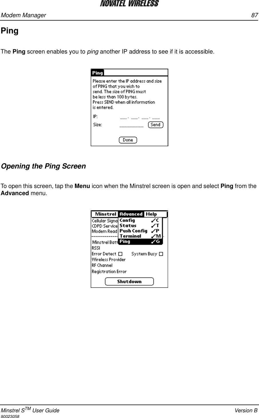 Modem Manager 87Minstrel STM User Guide Version B90023058PingThe Ping screen enables you to ping another IP address to see if it is accessible.  Opening the Ping ScreenTo open this screen, tap the Menu icon when the Minstrel screen is open and select Ping from the Advanced menu.