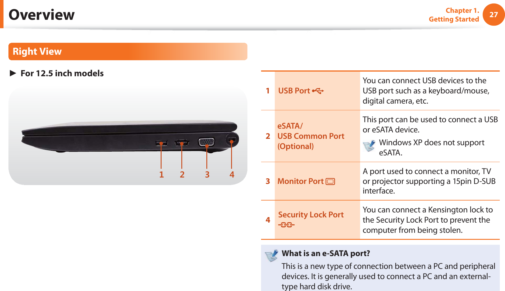 27Chapter 1. Getting Started OverviewRight View► For 12.5 inch models 1USB Port You can connect USB devices to the USB port such as a keyboard/mouse, digital camera, etc.2eSATA/USB Common Port (Optional)This port can be used to connect a USB or eSATA device. Windows XP does not support eSATA.3Monitor Port A port used to connect a monitor, TV or projector supporting a 15pin D-SUB interface.4Security Lock Port You can connect a Kensington lock to the Security Lock Port to prevent the computer from being stolen.What is an e-SATA port?This is a new type of connection between a PC and peripheral devices. It is generally used to connect a PC and an external-type hard disk drive.