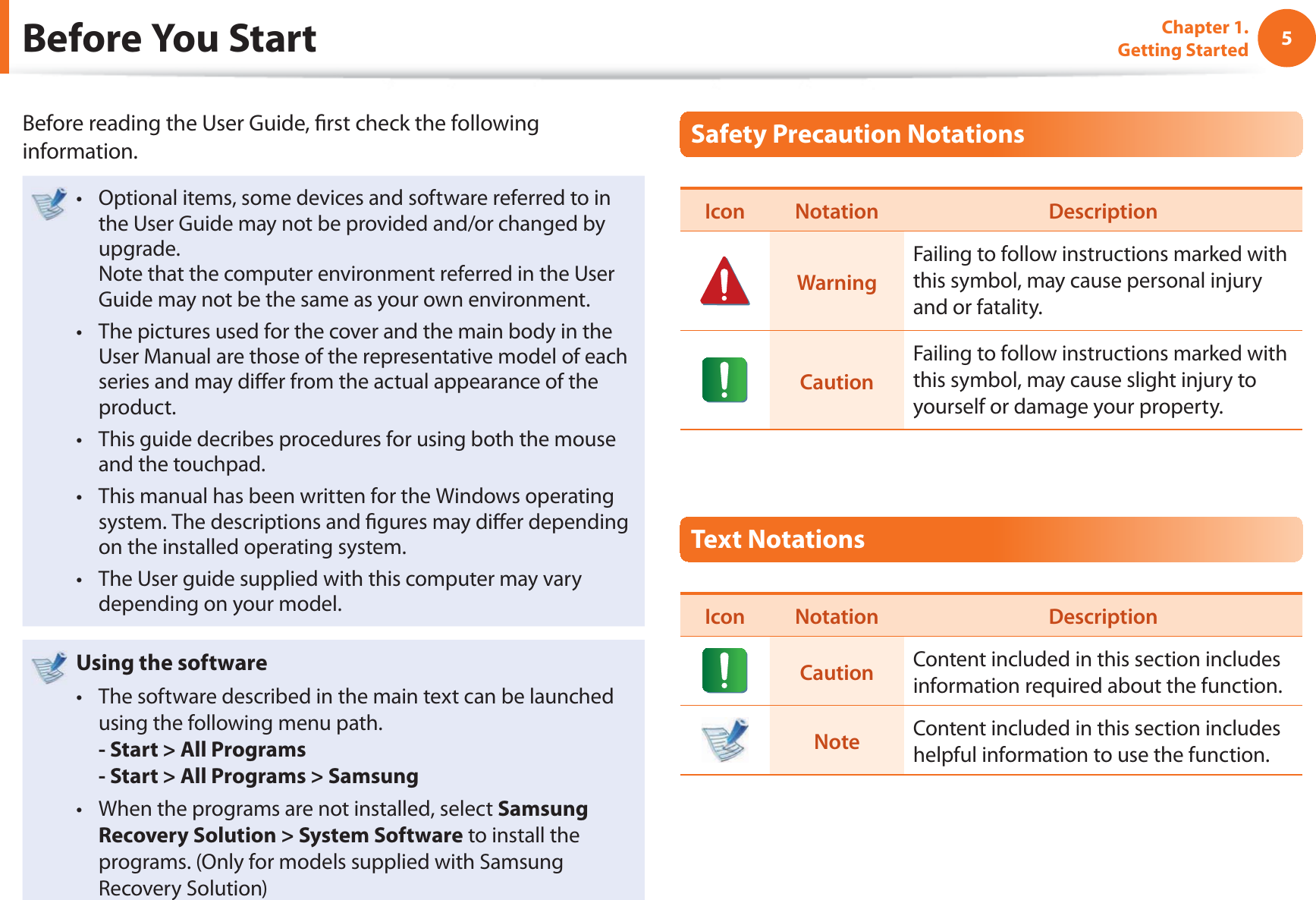 5Chapter 1. Getting StartedBefore You StartBefore reading the User Guide, fi rst check the following information.Optional items, some devices and software referred to in t the User Guide may not be provided and/or changed by upgrade.Note that the computer environment referred in the User Guide may not be the same as your own environment. The pictures used for the cover and the main body in the t User Manual are those of the representative model of each series and may diff er from the actual appearance of the product.This guide decribes procedures for using both the mouse t and the touchpad.This manual has been written for the Windows operating t system. The descriptions and fi gures may diff er depending on the installed operating system.The User guide supplied with this computer may vary t depending on your model.Using the software The software described in the main text can be launched t using the following menu path. - Start > All Programs- Start > All Programs > SamsungWhen the programs are not installed, select t Samsung Recovery Solution > System Software to install the programs. (Only for models supplied with Samsung Recovery Solution)Safety Precaution NotationsIcon Notation DescriptionWarningFailing to follow instructions marked with this symbol, may cause personal injury and or fatality.CautionFailing to follow instructions marked with this symbol, may cause slight injury to yourself or damage your property.Text NotationsIcon Notation DescriptionCaution Content included in this section includes information required about the function.Note Content included in this section includes helpful information to use the function.