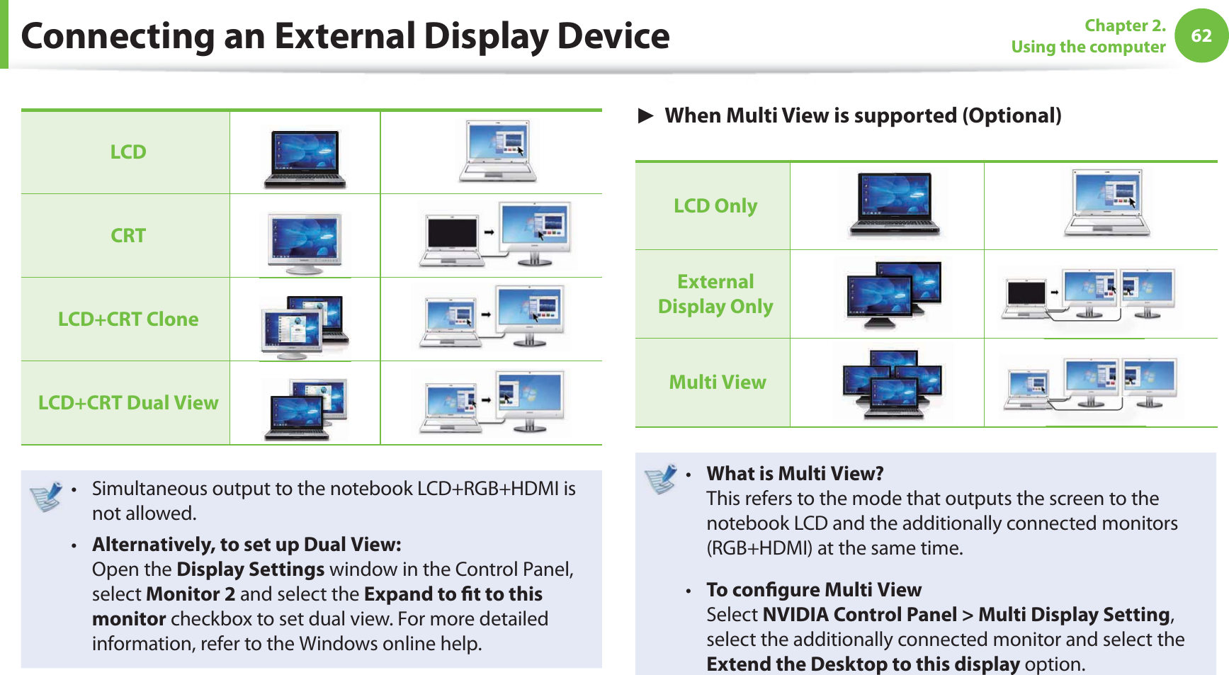 62Chapter 2. Using the computerLCDCRTLCD+CRT CloneLCD+CRT Dual ViewSimultaneous output to the notebook LCD+RGB+HDMI is t not allowed.Alternatively, to set up Dual View:t Open the Display Settings window in the Control Panel, select Monitor 2 and select the Expand to fi t to this monitor checkbox to set dual view. For more detailed information, refer to the Windows online help.► When Multi View is supported (Optional)LCD Only External Display Only Multi ViewWhat is Multi View?t This refers to the mode that outputs the screen to the notebook LCD and the additionally connected monitors (RGB+HDMI) at the same time.To confi gure Multi Viewt Select NVIDIA Control Panel > Multi Display Setting, select the additionally connected monitor and select the Extend the Desktop to this display option.Connecting an External Display Device