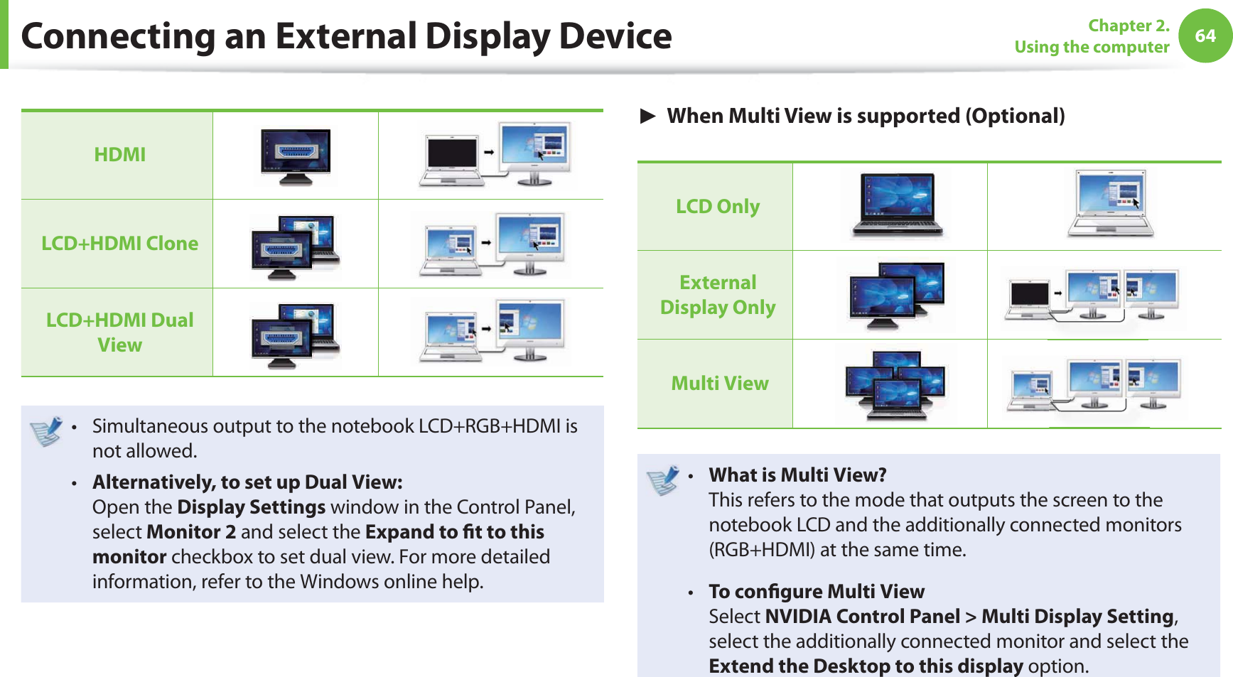 64Chapter 2. Using the computerHDMILCD+HDMI CloneLCD+HDMI Dual ViewSimultaneous output to the notebook LCD+RGB+HDMI is t not allowed.Alternatively, to set up Dual View:t Open the Display Settings window in the Control Panel, select Monitor 2 and select the Expand to fi t to this monitor checkbox to set dual view. For more detailed information, refer to the Windows online help.► When Multi View is supported (Optional)LCD Only External Display Only Multi ViewWhat is Multi View?t This refers to the mode that outputs the screen to the notebook LCD and the additionally connected monitors (RGB+HDMI) at the same time.To confi gure Multi Viewt Select NVIDIA Control Panel > Multi Display Setting, select the additionally connected monitor and select the Extend the Desktop to this display option.Connecting an External Display Device
