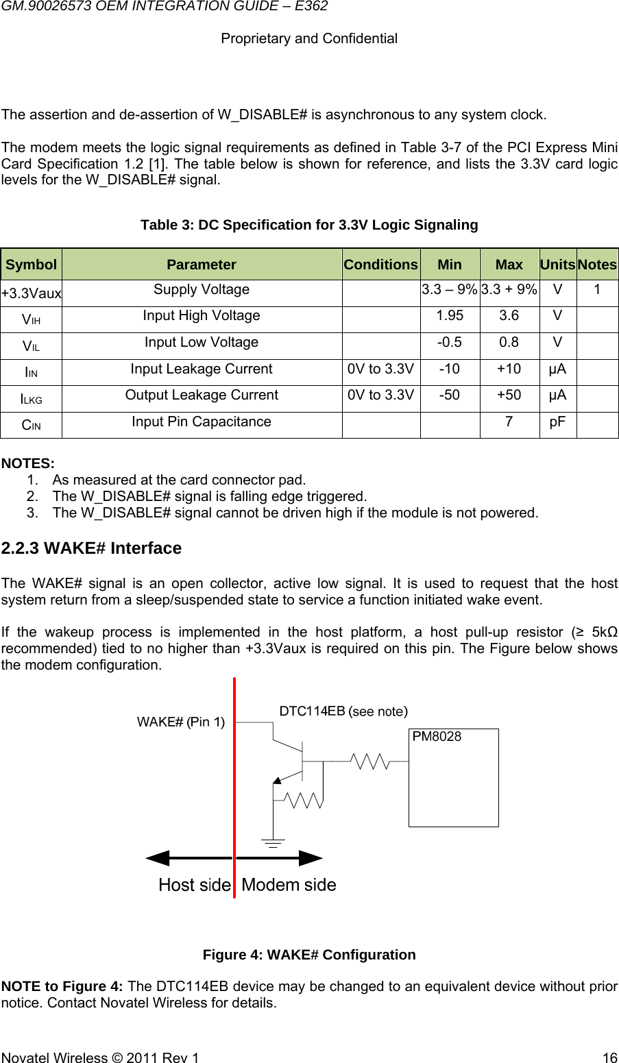 GM.90026573 OEM INTEGRATION GUIDE – E362      Proprietary and Confidential   Novatel Wireless © 2011 Rev 1  16 The assertion and de-assertion of W_DISABLE# is asynchronous to any system clock.  The modem meets the logic signal requirements as defined in Table 3-7 of the PCI Express Mini Card Specification 1.2 [1]. The table below is shown for reference, and lists the 3.3V card logic levels for the W_DISABLE# signal. Table 3: DC Specification for 3.3V Logic Signaling Symbol  Parameter  Conditions Min  Max  UnitsNotes+3.3Vaux Supply Voltage    3.3 – 9% 3.3 + 9%  V  1 VIH Input High Voltage    1.95  3.6  V   VIL Input Low Voltage    -0.5  0.8  V   IIN Input Leakage Current  0V to 3.3V -10  +10  µA   ILKG Output Leakage Current  0V to 3.3V -50  +50  µA   CIN Input Pin Capacitance      7  pF    NOTES: 1.  As measured at the card connector pad. 2.  The W_DISABLE# signal is falling edge triggered. 3.  The W_DISABLE# signal cannot be driven high if the module is not powered. 2.2.3 WAKE# Interface The WAKE# signal is an open collector, active low signal. It is used to request that the host system return from a sleep/suspended state to service a function initiated wake event.  If the wakeup process is implemented in the host platform, a host pull-up resistor (≥ 5kΩ recommended) tied to no higher than +3.3Vaux is required on this pin. The Figure below shows the modem configuration.  Figure 4: WAKE# Configuration NOTE to Figure 4: The DTC114EB device may be changed to an equivalent device without prior notice. Contact Novatel Wireless for details. 