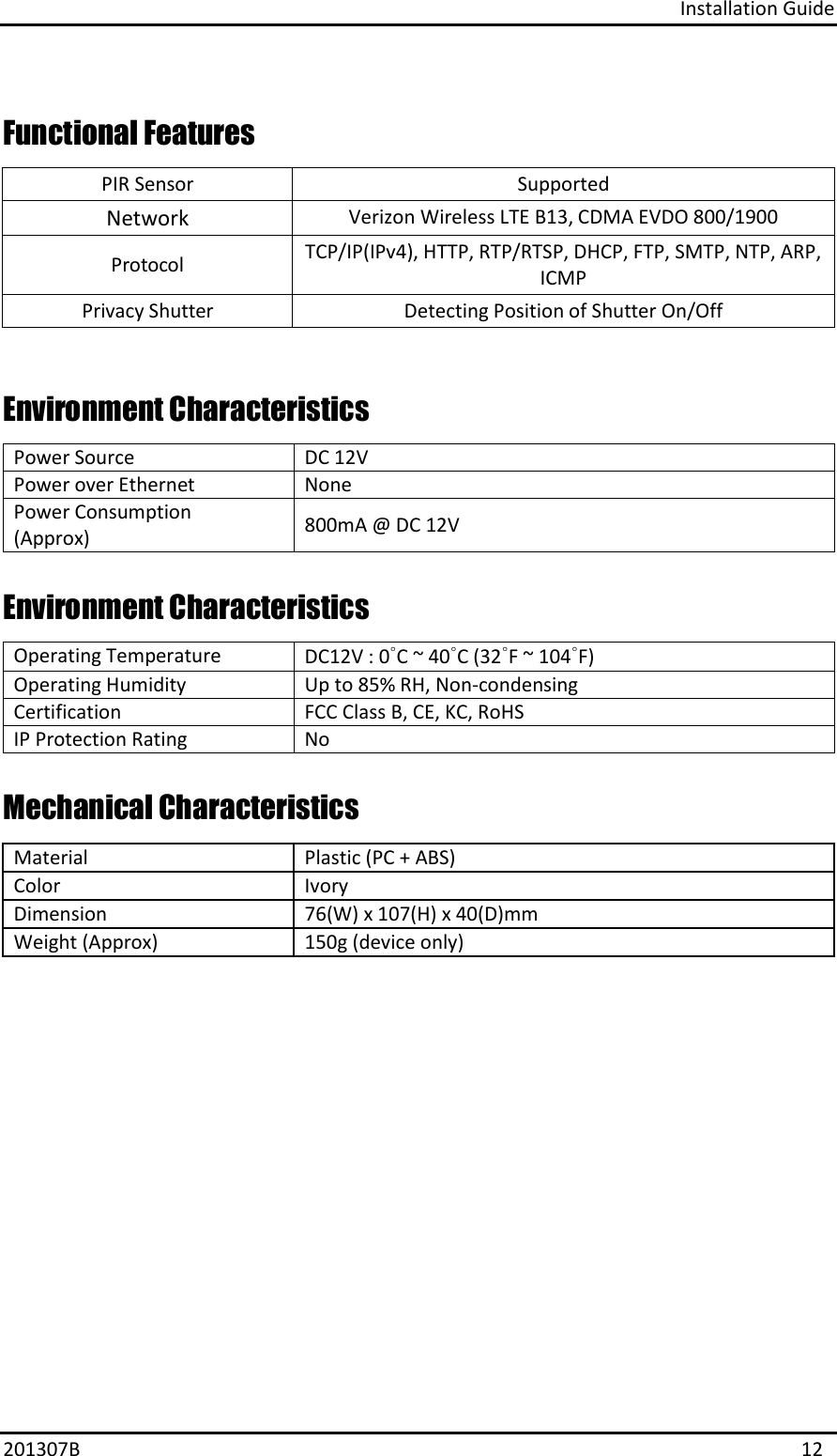 Installation Guide 201307B  12 Functional Features PIR Sensor Supported Network Verizon Wireless LTE B13, CDMA EVDO 800/1900 Protocol TCP/IP(IPv4), HTTP, RTP/RTSP, DHCP, FTP, SMTP, NTP, ARP, ICMP Privacy Shutter Detecting Position of Shutter On/Off Environment Characteristics Power Source DC 12V Power over Ethernet None Power Consumption (Approx) 800mA @ DC 12V Environment Characteristics Operating Temperature DC12V : 0˚C ~ 40˚C (32˚F ~ 104˚F) Operating Humidity Up to 85% RH, Non-condensing Certification FCC Class B, CE, KC, RoHS IP Protection Rating No Mechanical Characteristics Material Plastic (PC + ABS) Color Ivory Dimension 76(W) x 107(H) x 40(D)mm Weight (Approx) 150g (device only) 