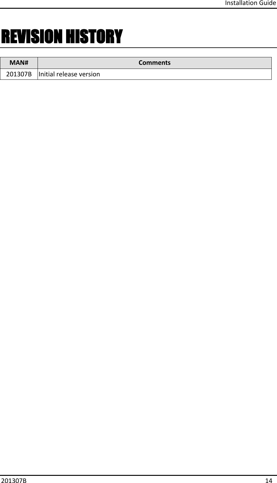 Installation Guide 201307B  14 REVISION HISTORY MAN# Comments 201307B Initial release version 
