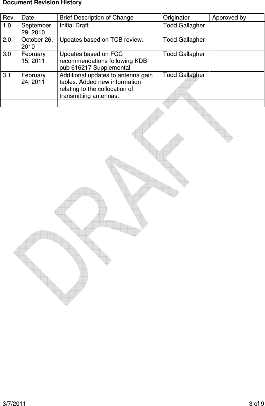3/7/2011 3 of 9 Document Revision History Rev. Date Brief Description of Change Originator Approved by 1.0 September 29, 2010 Initial Draft Todd Gallagher 2.0 October 26, 2010 Updates based on TCB review. Todd Gallagher 3.0 February 15, 2011 Updates based on FCC recommendations following KDB pub 616217 Supplemental Todd Gallagher 3.1 February 24, 2011 Additional updates to antenna gain tables. Added new information relating to the collocation of transmitting antennas. Todd Gallagher