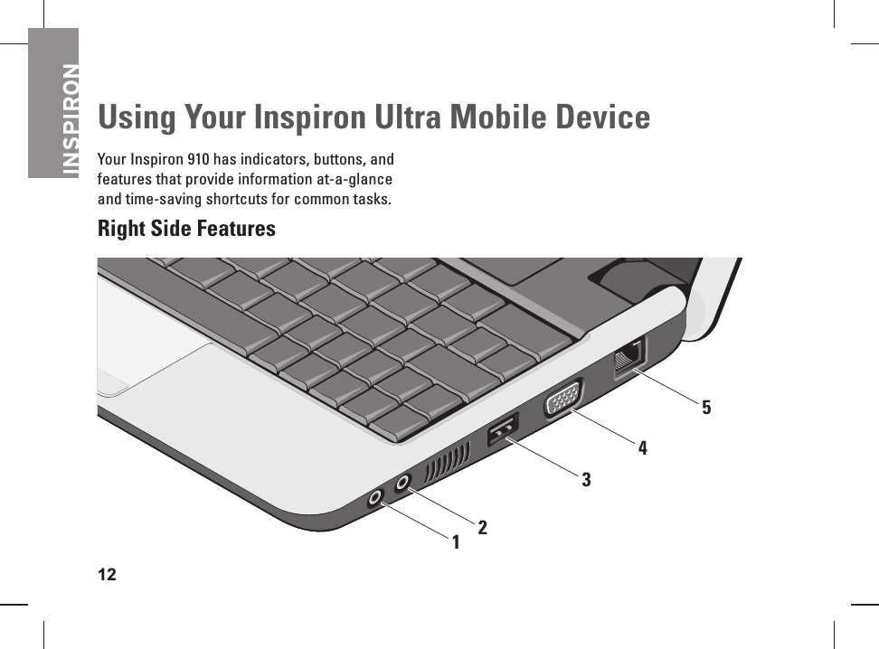 INSPIRON12Your Inspiron 910 has indicators, buttons, and features that provide information at-a-glance and time-saving shortcuts for common tasks.Right Side FeaturesUsing Your Inspiron Ultra Mobile Device54321