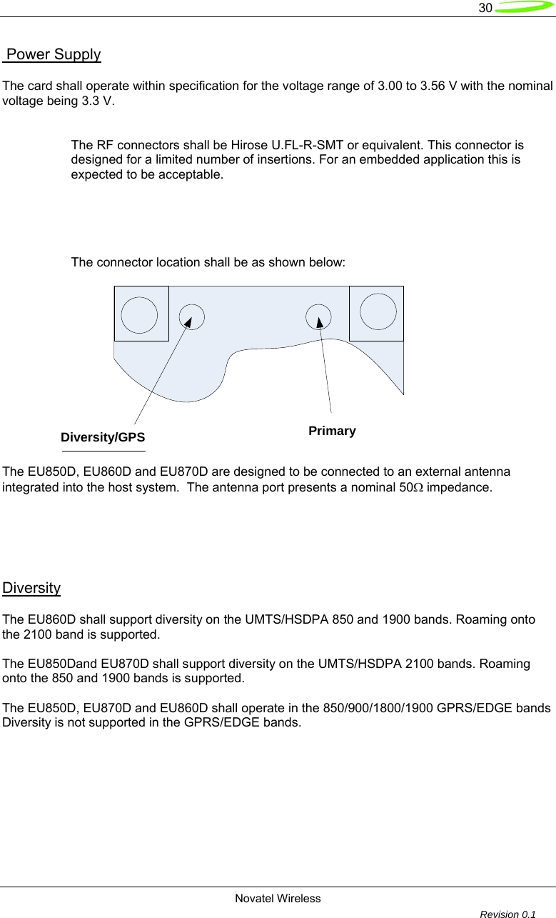   30  Novatel Wireless         Revision 0.1   Power Supply  The card shall operate within specification for the voltage range of 3.00 to 3.56 V with the nominal voltage being 3.3 V.    The RF connectors shall be Hirose U.FL-R-SMT or equivalent. This connector is designed for a limited number of insertions. For an embedded application this is expected to be acceptable.       The connector location shall be as shown below:   The EU850D, EU860D and EU870D are designed to be connected to an external antenna integrated into the host system.  The antenna port presents a nominal 50&Omega; impedance.    Diversity The EU860D shall support diversity on the UMTS/HSDPA 850 and 1900 bands. Roaming onto the 2100 band is supported.  The EU850Dand EU870D shall support diversity on the UMTS/HSDPA 2100 bands. Roaming onto the 850 and 1900 bands is supported.  The EU850D, EU870D and EU860D shall operate in the 850/900/1800/1900 GPRS/EDGE bands Diversity is not supported in the GPRS/EDGE bands. Diversity/GPS  Primary 