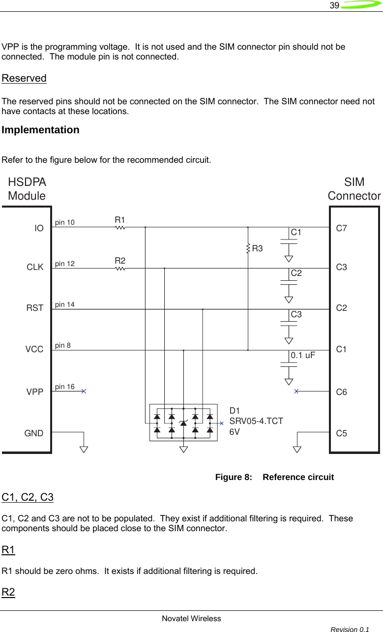   39  Novatel Wireless         Revision 0.1   VPP is the programming voltage.  It is not used and the SIM connector pin should not be connected.  The module pin is not connected.  Reserved  The reserved pins should not be connected on the SIM connector.  The SIM connector need not have contacts at these locations. Implementation  Refer to the figure below for the recommended circuit.  IO C1CLKRSTVCCVPPGNDHSDPAModuleC2C30.1 uFSIMConnectorC7C3C2C1C6C5pin 10pin 12pin 14pin 8pin 16R1D1SRV05-4.TCT6VR3R2 Figure 8:  Reference circuit C1, C2, C3  C1, C2 and C3 are not to be populated.  They exist if additional filtering is required.  These components should be placed close to the SIM connector.  R1  R1 should be zero ohms.  It exists if additional filtering is required.  R2 