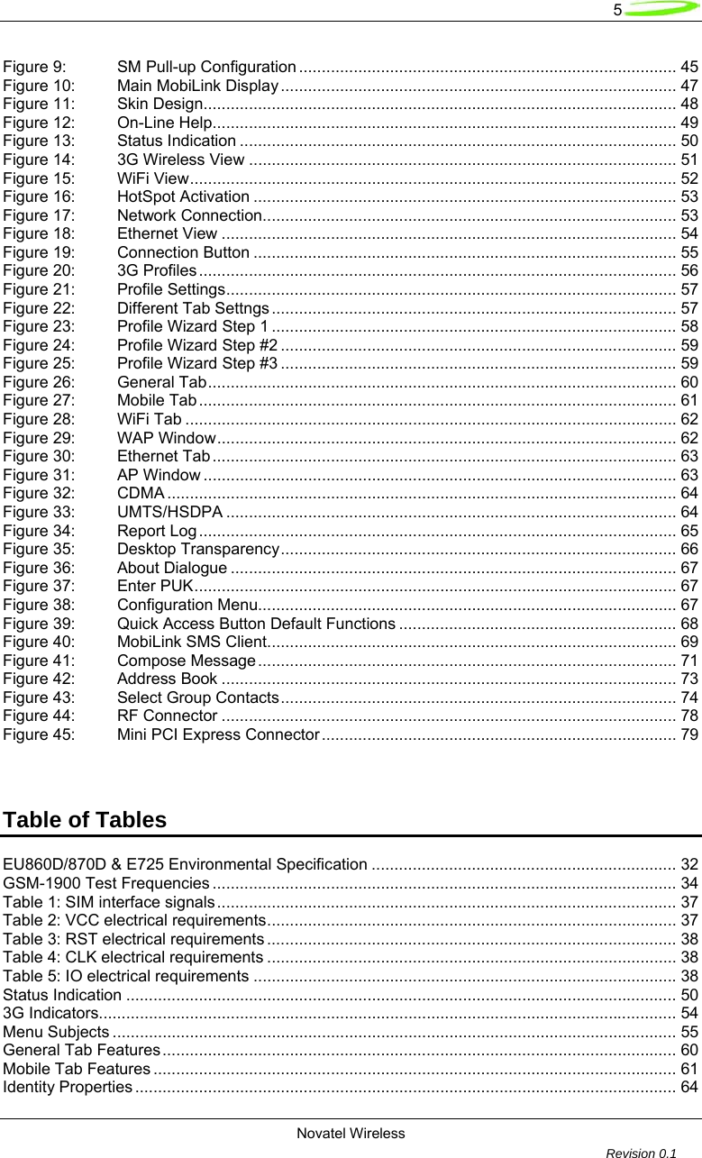   5 Novatel Wireless         Revision 0.1  Figure 9: SM Pull-up Configuration ................................................................................... 45 Figure 10: Main MobiLink Display....................................................................................... 47 Figure 11: Skin Design........................................................................................................ 48 Figure 12: On-Line Help...................................................................................................... 49 Figure 13: Status Indication ................................................................................................ 50 Figure 14: 3G Wireless View .............................................................................................. 51 Figure 15: WiFi View........................................................................................................... 52 Figure 16: HotSpot Activation ............................................................................................. 53 Figure 17: Network Connection........................................................................................... 53 Figure 18: Ethernet View .................................................................................................... 54 Figure 19: Connection Button ............................................................................................. 55 Figure 20: 3G Profiles......................................................................................................... 56 Figure 21: Profile Settings................................................................................................... 57 Figure 22: Different Tab Settngs ......................................................................................... 57 Figure 23: Profile Wizard Step 1 ......................................................................................... 58 Figure 24: Profile Wizard Step #2 ....................................................................................... 59 Figure 25: Profile Wizard Step #3 ....................................................................................... 59 Figure 26: General Tab....................................................................................................... 60 Figure 27: Mobile Tab......................................................................................................... 61 Figure 28: WiFi Tab ............................................................................................................ 62 Figure 29: WAP Window..................................................................................................... 62 Figure 30: Ethernet Tab...................................................................................................... 63 Figure 31: AP Window ........................................................................................................ 63 Figure 32: CDMA ................................................................................................................ 64 Figure 33: UMTS/HSDPA ................................................................................................... 64 Figure 34: Report Log......................................................................................................... 65 Figure 35: Desktop Transparency....................................................................................... 66 Figure 36: About Dialogue .................................................................................................. 67 Figure 37: Enter PUK.......................................................................................................... 67 Figure 38: Configuration Menu............................................................................................ 67 Figure 39: Quick Access Button Default Functions ............................................................. 68 Figure 40: MobiLink SMS Client.......................................................................................... 69 Figure 41: Compose Message............................................................................................ 71 Figure 42: Address Book .................................................................................................... 73 Figure 43: Select Group Contacts....................................................................................... 74 Figure 44: RF Connector .................................................................................................... 78 Figure 45: Mini PCI Express Connector.............................................................................. 79    Table of Tables  EU860D/870D &amp; E725 Environmental Specification ................................................................... 32 GSM-1900 Test Frequencies ...................................................................................................... 34 Table 1: SIM interface signals..................................................................................................... 37 Table 2: VCC electrical requirements.......................................................................................... 37 Table 3: RST electrical requirements .......................................................................................... 38 Table 4: CLK electrical requirements .......................................................................................... 38 Table 5: IO electrical requirements .............................................................................................38 Status Indication ......................................................................................................................... 50 3G Indicators............................................................................................................................... 54 Menu Subjects ............................................................................................................................ 55 General Tab Features................................................................................................................. 60 Mobile Tab Features ................................................................................................................... 61 Identity Properties ....................................................................................................................... 64 