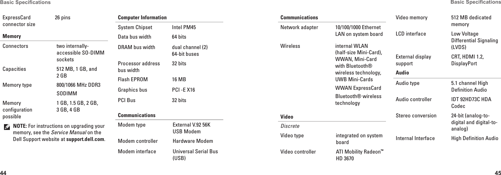 44Basic Specications 45Basic Specications ExpressCard connector size26 pinsMemoryConnectors two internally-accessible SO-DIMM socketsCapacities 512 MB, 1 GB, and 2 GBMemory type 800/1066 MHz DDR3 SODIMMMemory configuration possible1 GB, 1.5 GB, 2 GB,  3 GB, 4 GBNOTE: For instructions on upgrading your memory, see the Service Manual on the Dell Support website at support�dell�com.Computer InformationSystem Chipset  Intel PM45Data bus width 64 bitsDRAM bus width dual channel (2)  64-bit busesProcessor address bus width32 bitsFlash EPROM 16 MBGraphics bus PCI -E X16PCI Bus 32 bitsCommunicationsModem type External V.92 56K USB ModemModem controller Hardware ModemModem interface Universal Serial Bus (USB)CommunicationsNetwork adapter 10/100/1000 Ethernet LAN on system boardWireless internal WLAN (half-size Mini-Card), WWAN, Mini-Card with Bluetooth&reg; wireless technology, UWB Mini-CardsWWAN ExpressCardBluetooth&reg; wireless technologyVideoDiscreteVideo type integrated on system boardVideo controller ATI Mobility Radeon&trade; HD 3670Video memory 512 MB dedicated memoryLCD interface Low Voltage Differential Signaling (LVDS)External display supportCRT, HDMI 1.2, DisplayPortAudioAudio type 5.1 channel High Definition AudioAudio controller IDT 92HD73C HDA CodecStereo conversion 24-bit (analog-to-digital and digital-to-analog)Internal Interface High Definition Audio