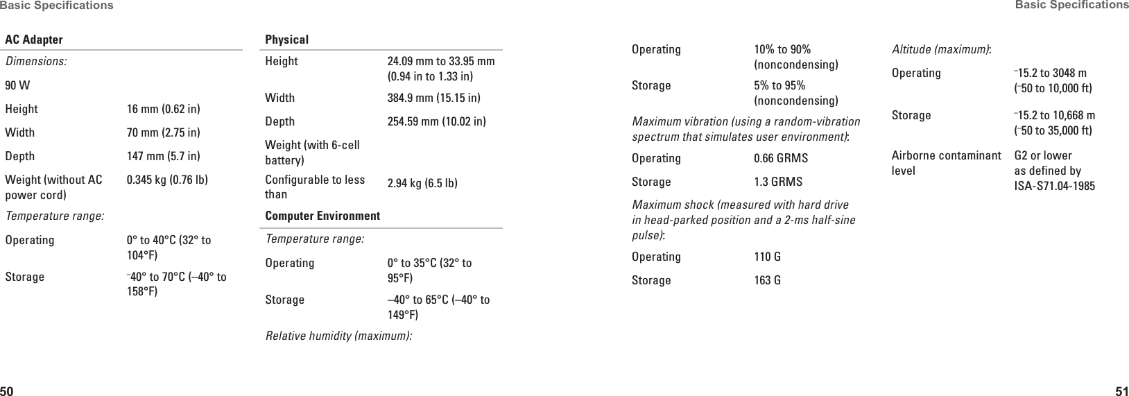 50Basic Specications 51Basic Specications AC AdapterDimensions:90 WHeight 16 mm (0.62 in) Width 70 mm (2.75 in)Depth 147 mm (5.7 in)Weight (without AC power cord)0.345 kg (0.76 lb)Temperature range:Operating 0&deg; to 40&deg;C (32&deg; to 104&deg;F) Storage &ndash;40&deg; to 70&deg;C (&ndash;40&deg; to 158&deg;F)Physical Height 24.09 mm to 33.95 mm (0.94 in to 1.33 in)Width 384.9 mm (15.15 in)Depth 254.59 mm (10.02 in)Weight (with 6-cell battery)Configurable to less than 2.94 kg (6.5 lb)Computer EnvironmentTemperature range:Operating 0&deg; to 35&deg;C (32&deg; to 95&deg;F)Storage &ndash;40&deg; to 65&deg;C (&ndash;40&deg; to 149&deg;F)Relative humidity (maximum):Operating 10% to 90% (noncondensing)Storage 5% to 95% (noncondensing)Maximum vibration (using a random-vibration spectrum that simulates user environment):Operating 0.66 GRMSStorage 1.3 GRMSMaximum shock (measured with hard drive in head-parked position and a 2-ms half-sine pulse):Operating 110 GStorage 163 GAltitude (maximum):Operating  &ndash;15.2 to 3048 m  (&ndash;50 to 10,000 ft)Storage &ndash;15.2 to 10,668 m  (&ndash;50 to 35,000 ft)Airborne contaminant level G2 or lower as defined by ISA-S71.04-1985