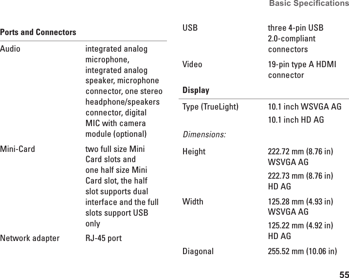 55Basic Specications Ports and ConnectorsAudio integrated analog microphone, integrated analog speaker, microphone connector, one stereo headphone/speakers connector, digital MIC with camera module (optional) Mini-Card two full size Mini Card slots and one half size Mini Card slot, the half slot supports dual interface and the full slots support USB onlyNetwork adapter RJ-45 portUSB three 4-pin USB 2.0-compliant connectorsVideo 19-pin type A HDMI connectorDisplayType (TrueLight) 10.1 inch WSVGA AG10.1 inch HD AGDimensions:Height 222.72 mm (8.76 in) WSVGA AG222.73 mm (8.76 in) HD AGWidth 125.28 mm (4.93 in) WSVGA AG125.22 mm (4.92 in) HD AGDiagonal 255.52 mm (10.06 in) 