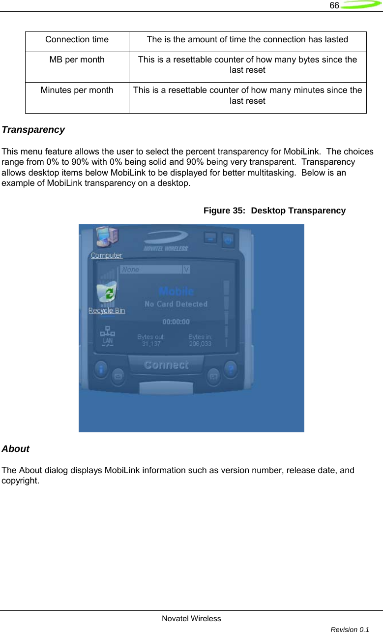   66  Novatel Wireless         Revision 0.1  Connection time  The is the amount of time the connection has lasted MB per month  This is a resettable counter of how many bytes since the last reset Minutes per month  This is a resettable counter of how many minutes since the last reset Transparency  This menu feature allows the user to select the percent transparency for MobiLink.  The choices range from 0% to 90% with 0% being solid and 90% being very transparent.  Transparency allows desktop items below MobiLink to be displayed for better multitasking.  Below is an example of MobiLink transparency on a desktop.  Figure 35:  Desktop Transparency  About  The About dialog displays MobiLink information such as version number, release date, and copyright.    
