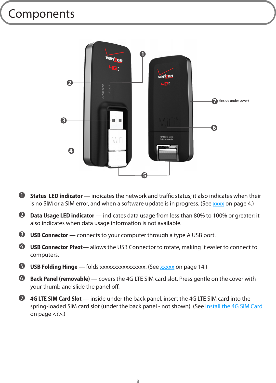 3Components ➊ Status  LED indicator &mdash; indicates the network and trac status; it also indicates when their is no SIM or a SIM error, and when a software update is in progress. (See xxxx on page 4.) ➋ Data Usage LED indicator &mdash; indicates data usage from less than 80% to 100% or greater; it also indicates when data usage information is not available. ➌ USB Connector &mdash; connects to your computer through a type A USB port.  ➍ USB Connector Pivot&mdash; allows the USB Connector to rotate, making it easier to connect to computers. ➎ USB Folding Hinge &mdash; folds xxxxxxxxxxxxxxxx. (See xxxxx on page 14.) ➏ Back Panel (removable) &mdash; covers the 4G LTE SIM card slot. Press gentle on the cover with your thumb and slide the panel o. ➐ 4G LTE SIM Card Slot &mdash; inside under the back panel, insert the 4G LTE SIM card into the spring-loaded SIM card slot (under the back panel - not shown). (See Install the 4G SIM Card on page <?>.)2134567(inside under cover) 