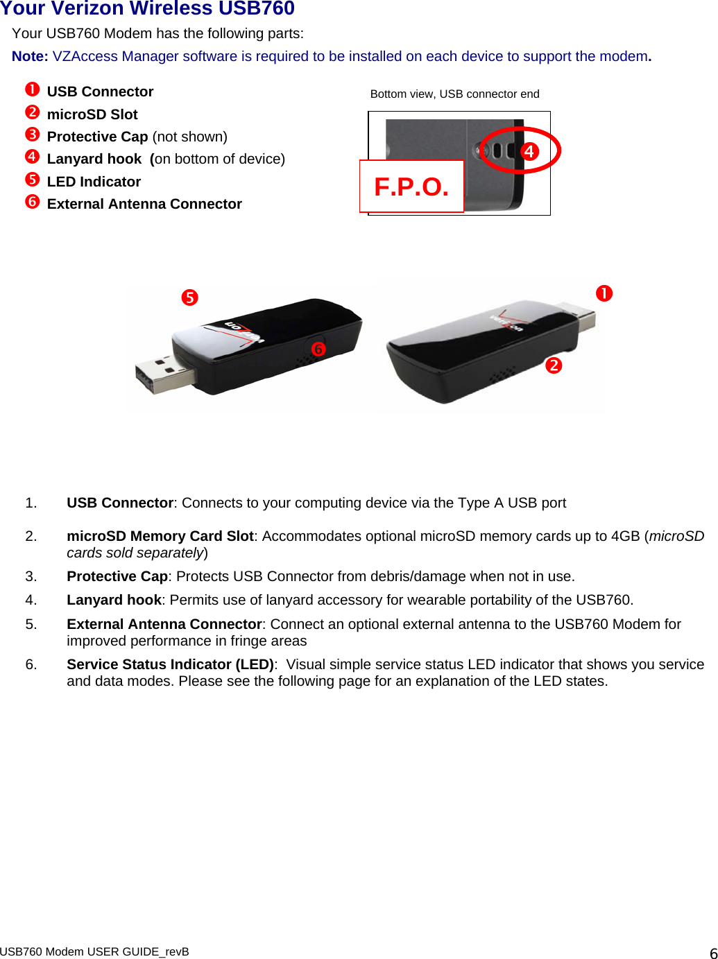 Your Verizon Wireless USB760  Your USB760 Modem has the following parts:  Note: VZAccess Manager software is required to be installed on each device to support the modem.   n USB Connector o microSD Slot p Protective Cap (not shown) q Lanyard hook  (on bottom of device) r LED Indicator s External Antenna Connector  F.P.O.q Bottom view, USB connector end         s r o n         1.  USB Connector: Connects to your computing device via the Type A USB port  2.  microSD Memory Card Slot: Accommodates optional microSD memory cards up to 4GB (microSD cards sold separately) 3.  Protective Cap: Protects USB Connector from debris/damage when not in use.  4.  Lanyard hook: Permits use of lanyard accessory for wearable portability of the USB760. 5.  External Antenna Connector: Connect an optional external antenna to the USB760 Modem for improved performance in fringe areas 6.  Service Status Indicator (LED):  Visual simple service status LED indicator that shows you service and data modes. Please see the following page for an explanation of the LED states.           USB760 Modem USER GUIDE_revB   6