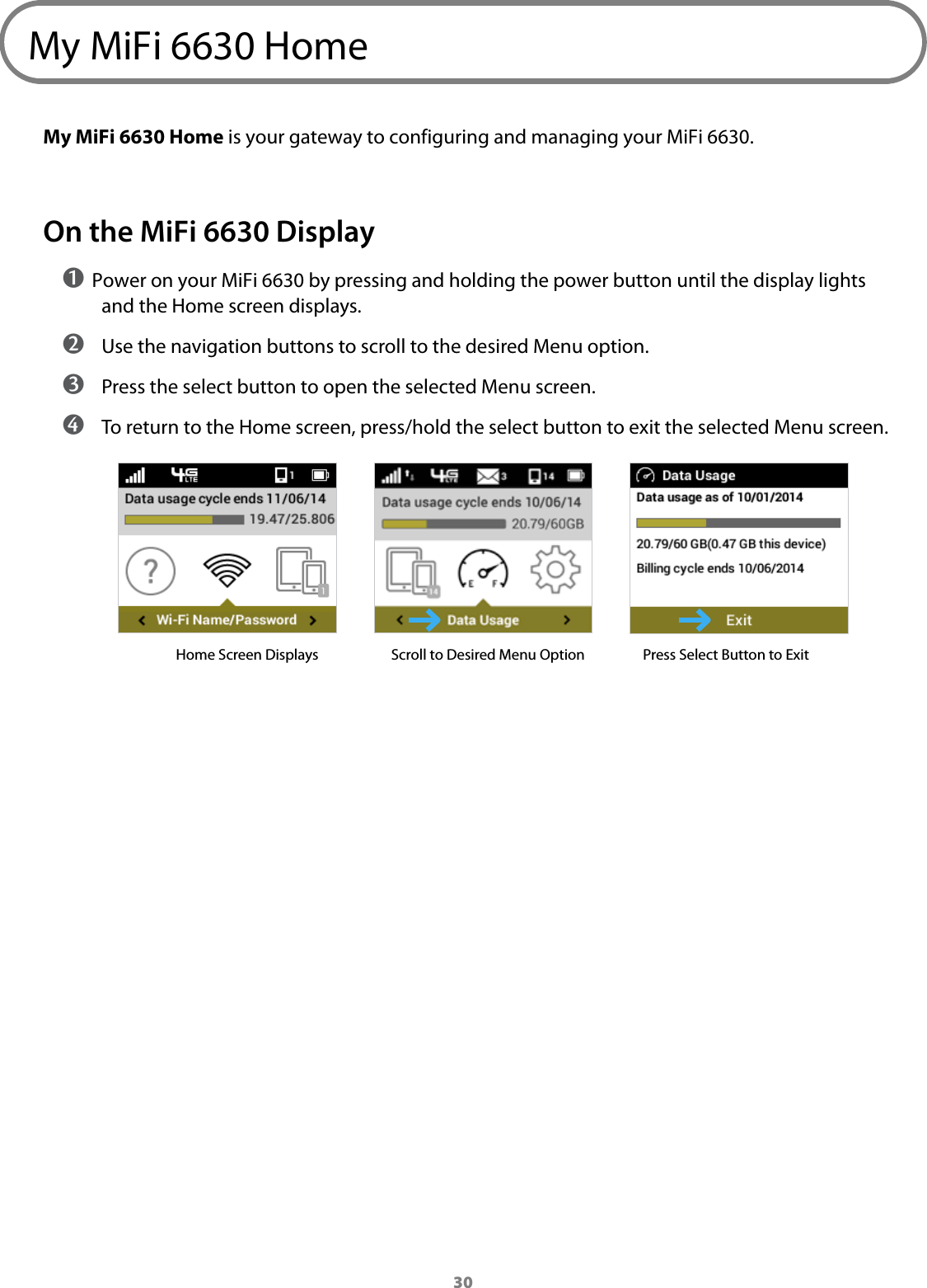 30My MiFi 6630 HomeMy MiFi 6630 Home is your gateway to configuring and managing your MiFi 6630.On the MiFi 6630 Display➊ Power on your MiFi 6630 by pressing and holding the power button until the display lights and the Home screen displays. ➋ Use the navigation buttons to scroll to the desired Menu option. ➌ Press the select button to open the selected Menu screen. ➍ To return to the Home screen, press/hold the select button to exit the selected Menu screen.                Home Screen Displays    Scroll to Desired Menu Option     Press Select Button to Exit
