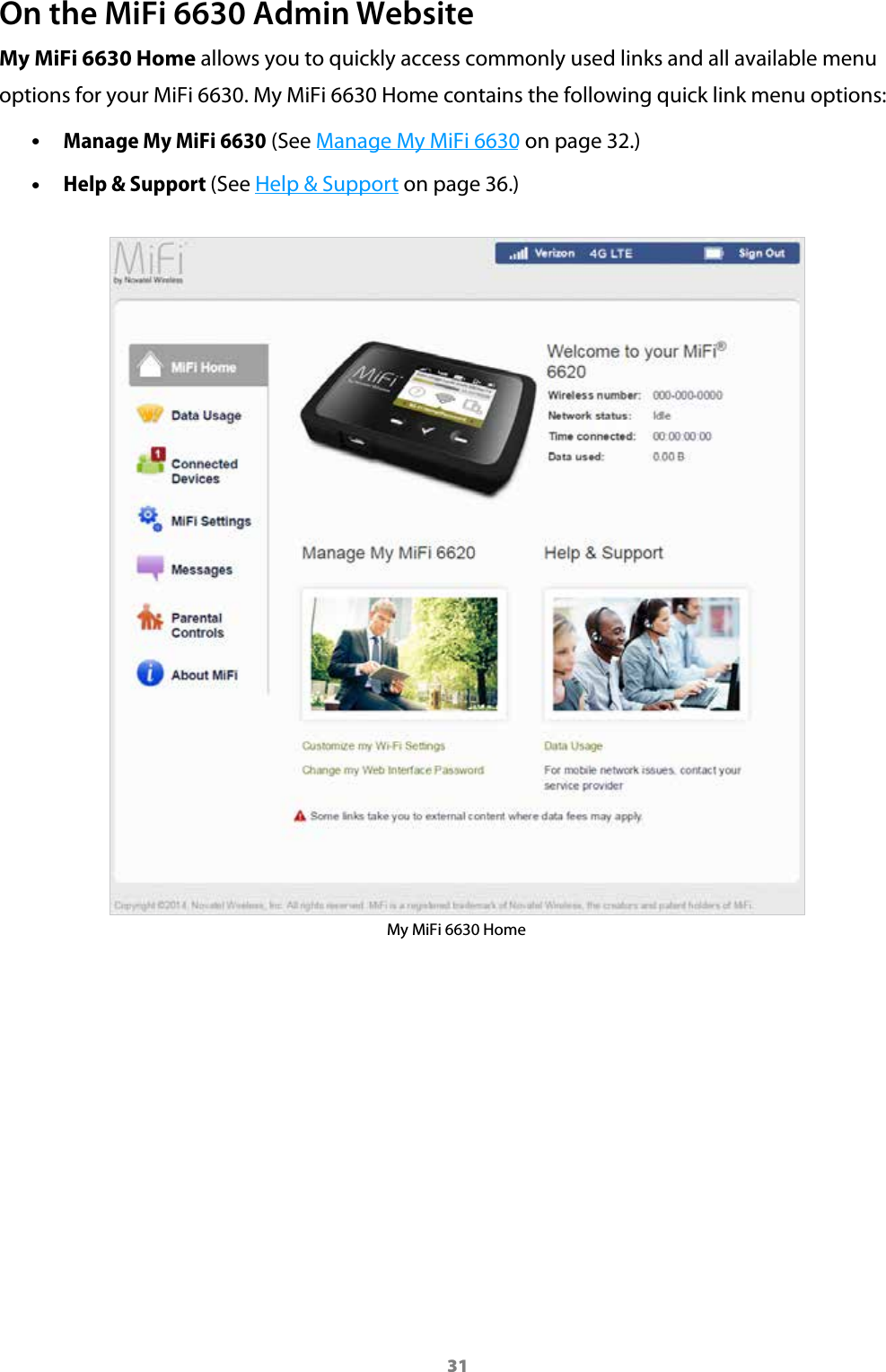 31On the MiFi 6630 Admin WebsiteMy MiFi 6630 Home allows you to quickly access commonly used links and all available menu options for your MiFi 6630. My MiFi 6630 Home contains the following quick link menu options: &bull;Manage My MiFi 6630 (See Manage My MiFi 6630 on page 32.) &bull;Help &amp; Support (See Help &amp; Support on page 36.)My MiFi 6630 Home 