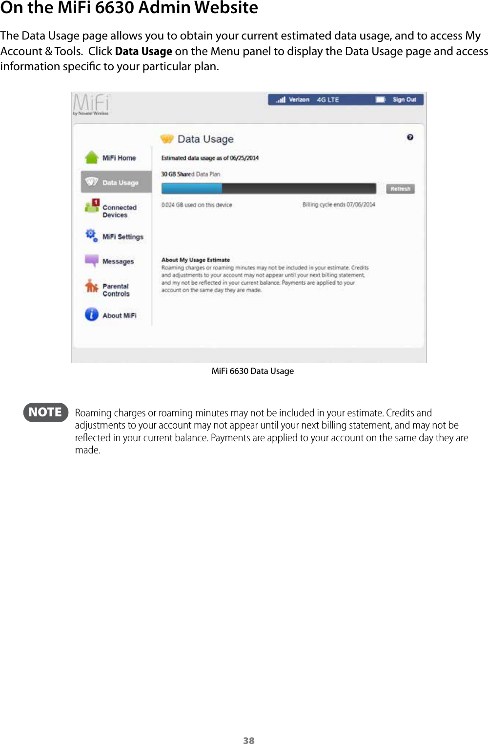 38On the MiFi 6630 Admin WebsiteThe Data Usage page allows you to obtain your current estimated data usage, and to access My Account &amp; Tools.  Click Data Usage on the Menu panel to display the Data Usage page and access information specic to your particular plan.MiFi 6630 Data Usage  NOTE    Roaming charges or roaming minutes may not be included in your estimate. Credits and adjustments to your account may not appear until your next billing statement, and may not be reﬂected in your current balance. Payments are applied to your account on the same day they are made.