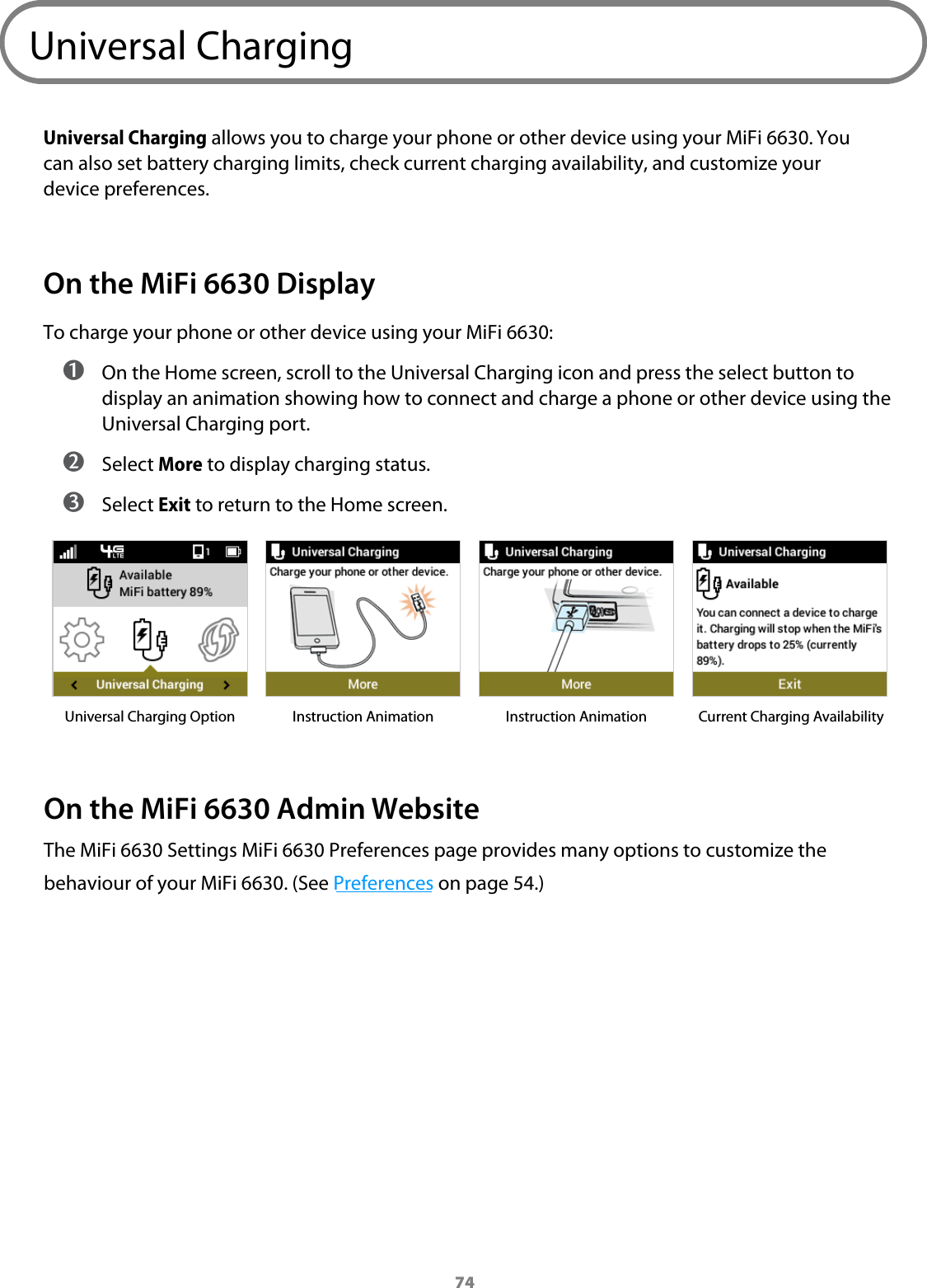 74Universal ChargingUniversal Charging allows you to charge your phone or other device using your MiFi 6630. You can also set battery charging limits, check current charging availability, and customize your device preferences. On the MiFi 6630 DisplayTo charge your phone or other device using your MiFi 6630: ➊ On the Home screen, scroll to the Universal Charging icon and press the select button to display an animation showing how to connect and charge a phone or other device using the Universal Charging port. ➋ Select More to display charging status. ➌ Select Exit to return to the Home screen.Universal Charging Option Instruction Animation Instruction Animation  Current Charging AvailabilityOn the MiFi 6630 Admin WebsiteThe MiFi 6630 Settings MiFi 6630 Preferences page provides many options to customize the behaviour of your MiFi 6630. (See Preferences on page 54.)