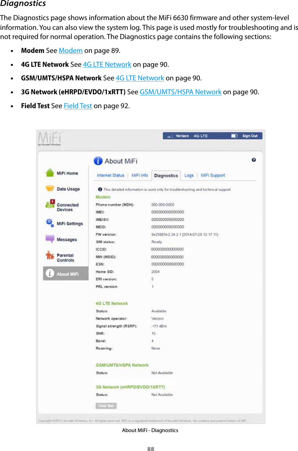 88DiagnosticsThe Diagnostics page shows information about the MiFi 6630 firmware and other system-level information. You can also view the system log. This page is used mostly for troubleshooting and is not required for normal operation. The Diagnostics page contains the following sections: &bull;Modem See Modem on page 89. &bull;4G LTE Network See 4G LTE Network on page 90. &bull;GSM/UMTS/HSPA Network See 4G LTE Network on page 90. &bull;3G Network (eHRPD/EVDO/1xRTT) See GSM/UMTS/HSPA Network on page 90. &bull;Field Test See Field Test on page 92.About MiFi - Diagnostics