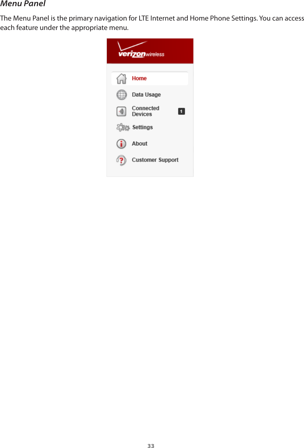 33Menu PanelThe Menu Panel is the primary navigation for LTE Internet and Home Phone Settings. You can access each feature under the appropriate menu.