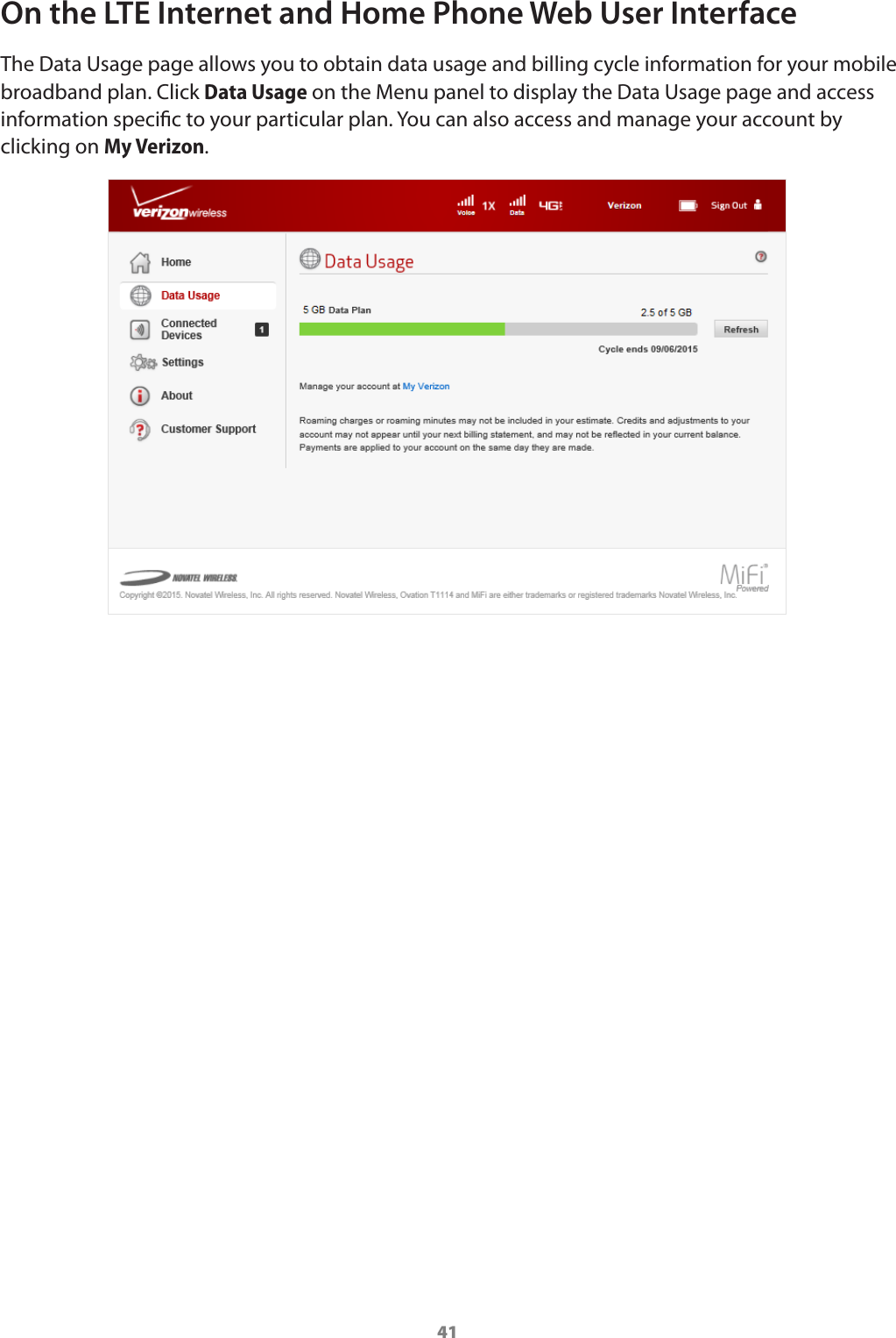 41On the LTE Internet and Home Phone Web User InterfaceThe Data Usage page allows you to obtain data usage and billing cycle information for your mobile broadband plan. Click Data Usage on the Menu panel to display the Data Usage page and access information specic to your particular plan. You can also access and manage your account by clicking on My Verizon.