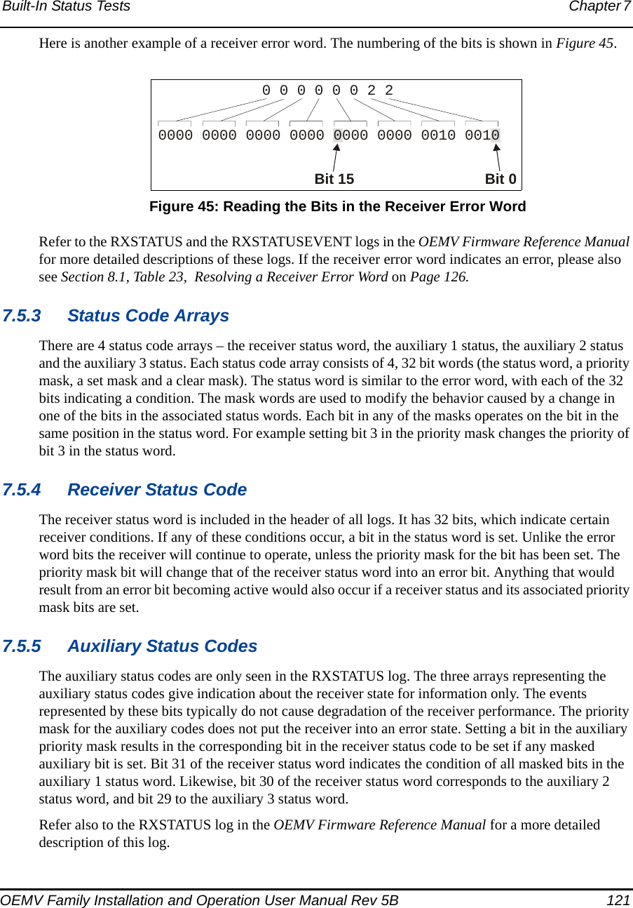 Built-In Status Tests Chapter 7 OEMV Family Installation and Operation User Manual Rev 5B 121Here is another example of a receiver error word. The numbering of the bits is shown in Figure 45. Figure 45: Reading the Bits in the Receiver Error WordRefer to the RXSTATUS and the RXSTATUSEVENT logs in the OEMV Firmware Reference Manual for more detailed descriptions of these logs. If the receiver error word indicates an error, please also see Section 8.1, Table 23,  Resolving a Receiver Error Word on Page 126.7.5.3 Status Code ArraysThere are 4 status code arrays – the receiver status word, the auxiliary 1 status, the auxiliary 2 status and the auxiliary 3 status. Each status code array consists of 4, 32 bit words (the status word, a priority mask, a set mask and a clear mask). The status word is similar to the error word, with each of the 32 bits indicating a condition. The mask words are used to modify the behavior caused by a change in one of the bits in the associated status words. Each bit in any of the masks operates on the bit in the same position in the status word. For example setting bit 3 in the priority mask changes the priority of bit 3 in the status word.7.5.4 Receiver Status CodeThe receiver status word is included in the header of all logs. It has 32 bits, which indicate certain receiver conditions. If any of these conditions occur, a bit in the status word is set. Unlike the error word bits the receiver will continue to operate, unless the priority mask for the bit has been set. The priority mask bit will change that of the receiver status word into an error bit. Anything that would result from an error bit becoming active would also occur if a receiver status and its associated priority mask bits are set.7.5.5 Auxiliary Status CodesThe auxiliary status codes are only seen in the RXSTATUS log. The three arrays representing the auxiliary status codes give indication about the receiver state for information only. The events represented by these bits typically do not cause degradation of the receiver performance. The priority mask for the auxiliary codes does not put the receiver into an error state. Setting a bit in the auxiliary priority mask results in the corresponding bit in the receiver status code to be set if any masked auxiliary bit is set. Bit 31 of the receiver status word indicates the condition of all masked bits in the auxiliary 1 status word. Likewise, bit 30 of the receiver status word corresponds to the auxiliary 2 status word, and bit 29 to the auxiliary 3 status word.Refer also to the RXSTATUS log in the OEMV Firmware Reference Manual for a more detailed description of this log.0 0 0 0 0 0 2 20000 0000 0000 0000 0000 0000 0010 0010Bit 0Bit 15
