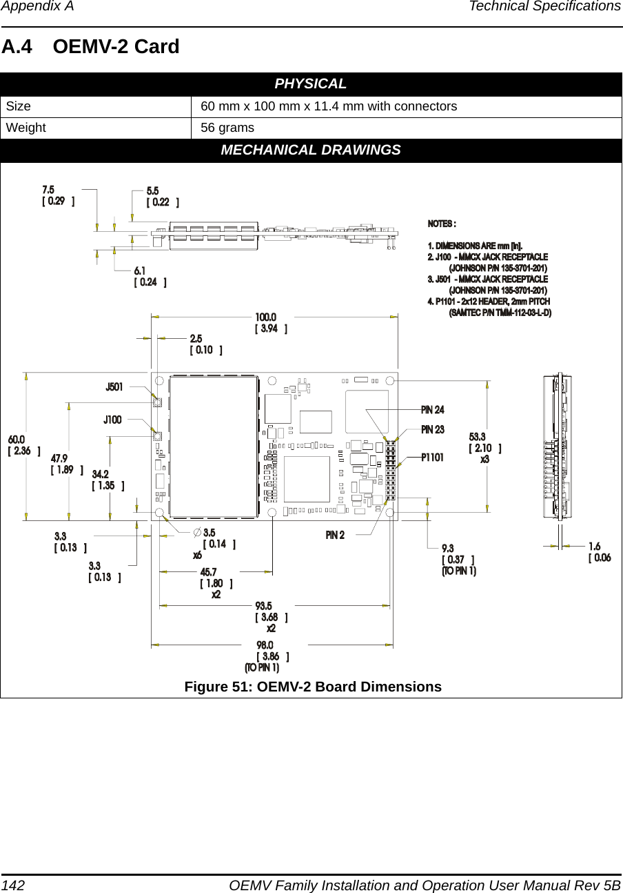 142 OEMV Family Installation and Operation User Manual Rev 5BAppendix A Technical SpecificationsA.4 OEMV-2 CardPHYSICALSize  60 mm x 100 mm x 11.4 mm with connectorsWeight  56 gramsMECHANICAL DRAWINGS Figure 51: OEMV-2 Board Dimensions