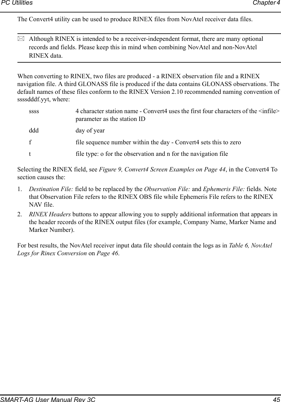 PC Utilities Chapter 4 SMART-AG User Manual Rev 3C  45The Convert4 utility can be used to produce RINEX files from NovAtel receiver data files.Although RINEX is intended to be a receiver-independent format, there are many optional records and fields. Please keep this in mind when combining NovAtel and non-NovAtel RINEX data.When converting to RINEX, two files are produced - a RINEX observation file and a RINEX navigation file. A third GLONASS file is produced if the data contains GLONASS observations. The default names of these files conform to the RINEX Version 2.10 recommended naming convention of ssssdddf.yyt, where:ssss 4 character station name - Convert4 uses the first four characters of the &lt;infile&gt; parameter as the station IDddd day of yearf file sequence number within the day - Convert4 sets this to zerot file type: o for the observation and n for the navigation fileSelecting the RINEX field, see Figure 9, Convert4 Screen Examples on Page 44, in the Convert4 To section causes the:1. Destination File: field to be replaced by the Observation File: and Ephemeris File: fields. Note that Observation File refers to the RINEX OBS file while Ephemeris File refers to the RINEX NAV file.2. RINEX Headers buttons to appear allowing you to supply additional information that appears in the header records of the RINEX output files (for example, Company Name, Marker Name and Marker Number).For best results, the NovAtel receiver input data file should contain the logs as in Table 6, NovAtel Logs for Rinex Conversion on Page 46.