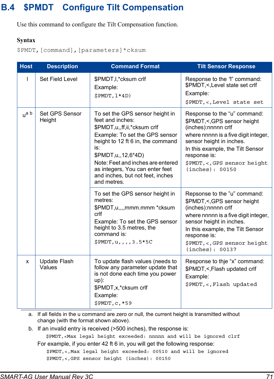 SMART-AG User Manual Rev 3C  71B.4 $PMDT Configure Tilt CompensationUse this command to configure the Tilt Compensation function.Syntax$PMDT,[command],[parameters]*cksumHost  Description Command Format Tilt Sensor ResponselSet Field Level $PMDT,l,*cksum crlfExample:$PMDT,l*4D)Response to the “l” command:$PMDT,&lt;,Level state set crlfExample:$PMDT,&lt;,Level state setua ba. If all fields in the u command are zero or null, the current height is transmitted without change (with the format shown above).b. If an invalid entry is received (&gt;500 inches), the response is:$PMDT,&lt;Max legal height exceeded: nnnnn and will be ignored clrfFor example, if you enter 42 ft 6 in, you will get the following response:$PMDT,&lt;,Max legal height exceeded: 00510 and will be ignored$PMDT,&lt;,GPS sensor height (inches): 00150Set GPS Sensor HeightTo set the GPS sensor height in feet and inches:$PMDT,u,,ff,ii,*cksum crlfExample: To set the GPS sensor height to 12 ft 6 in, the command is:$PMDT,u,,12,6*4D)Note: Feet and inches are entered as integers, You can enter feet and inches, but not feet, inches and metres.Response to the “u” command:$PMDT,&lt;,GPS sensor height (inches):nnnnn crlfwhere nnnnn is a five digit integer, sensor height in inches.In this example, the Tilt Sensor response is:$PMDT,&lt;,GPS sensor height (inches): 00150To set the GPS sensor height in metres:$PMDT,u,,,,mmm.mmm *cksum crlfExample: To set the GPS sensor height to 3.5 metres, the command is:$PMDT,u,,,,3.5*5CRepsonse to the ”u” command:$PMDT,&lt;,GPS sensor height (inches):nnnnn crlfwhere nnnnn is a five digit integer, sensor height in inches.In this example, the Tilt Sensor response is:$PMDT,&lt;,GPS sensor height (inches): 00137xUpdate Flash ValuesTo update flash values (needs to follow any parameter update that is not done each time you power up):$PMDT,x,*cksum crlfExample:$PMDT,c,*59Response to thje “x” command:$PMDT,&lt;,Flash updated crlfExample:$PMDT,&lt;,Flash updated