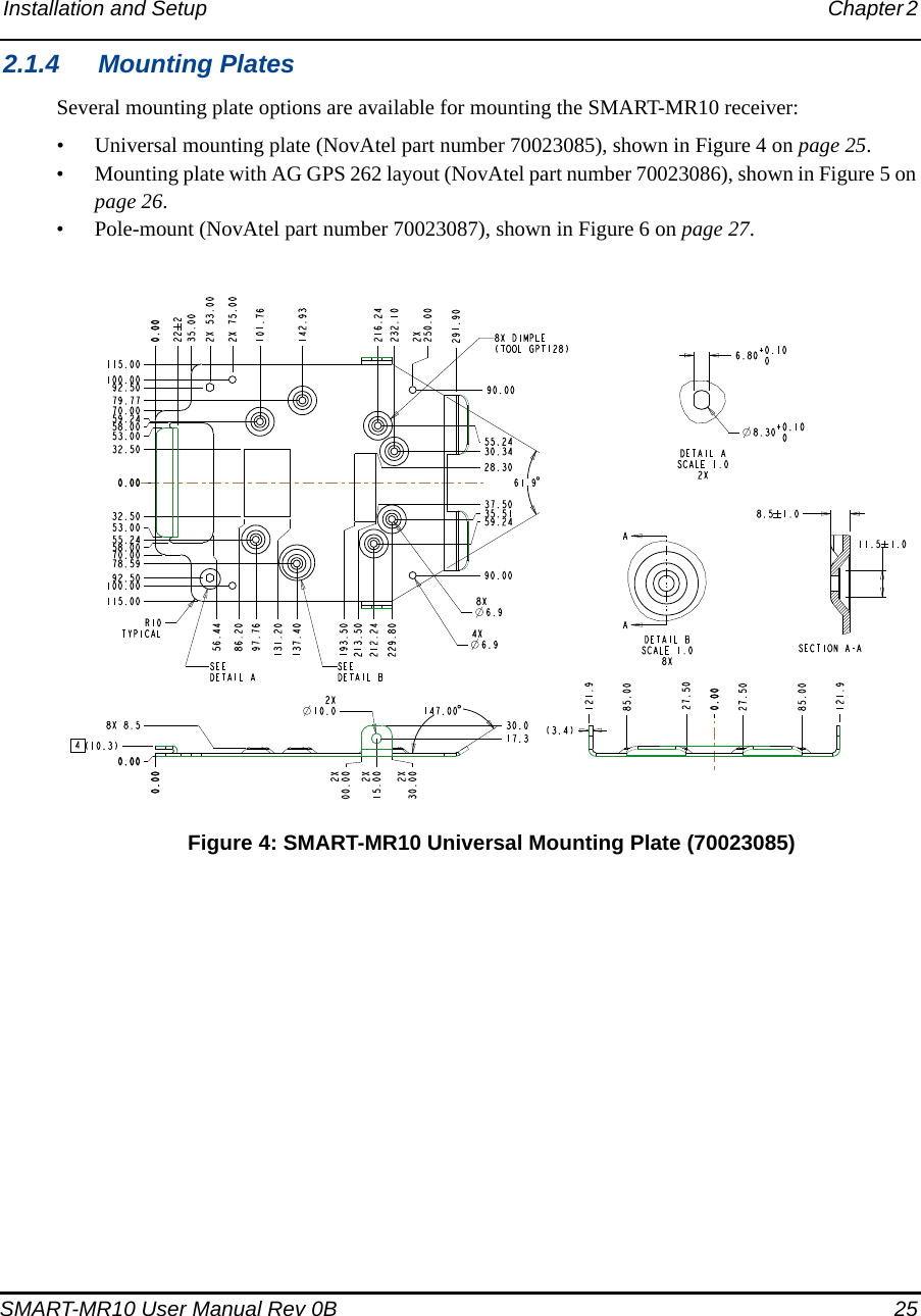 Installation and Setup Chapter 2 SMART-MR10 User Manual Rev 0B  252.1.4 Mounting PlatesSeveral mounting plate options are available for mounting the SMART-MR10 receiver:• Universal mounting plate (NovAtel part number 70023085), shown in Figure 4 on page 25.• Mounting plate with AG GPS 262 layout (NovAtel part number 70023086), shown in Figure 5 on page 26.• Pole-mount (NovAtel part number 70023087), shown in Figure 6 on page 27. Figure 4: SMART-MR10 Universal Mounting Plate (70023085)